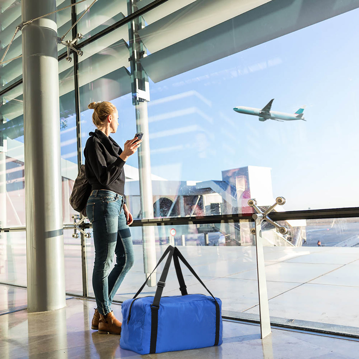 Foldable Travel Duffel Bag For Women & Men Luggage Great for Gym (Blue) HLC008