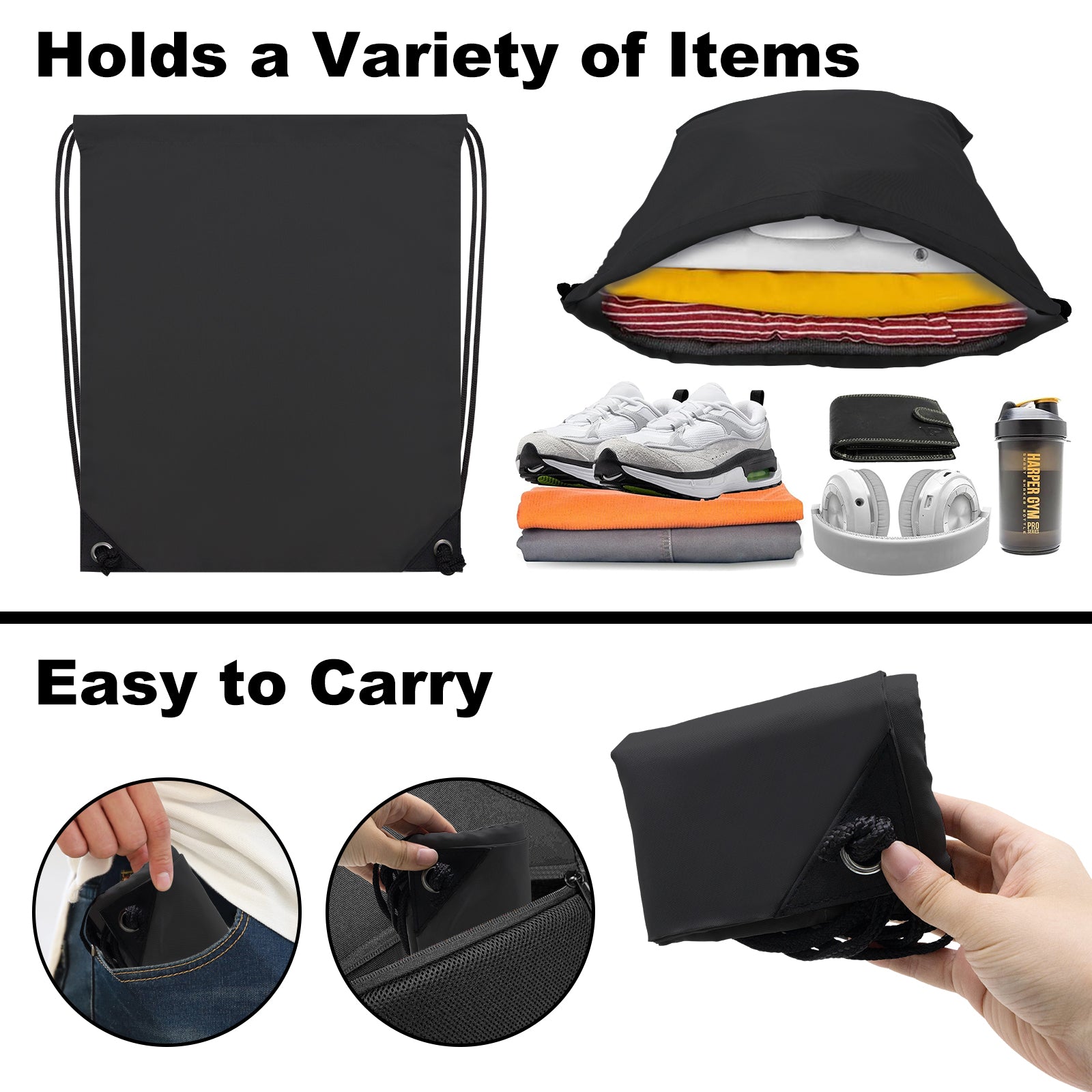 2PCS Drawstring Bags Bulk, String Backpack Black HRS10