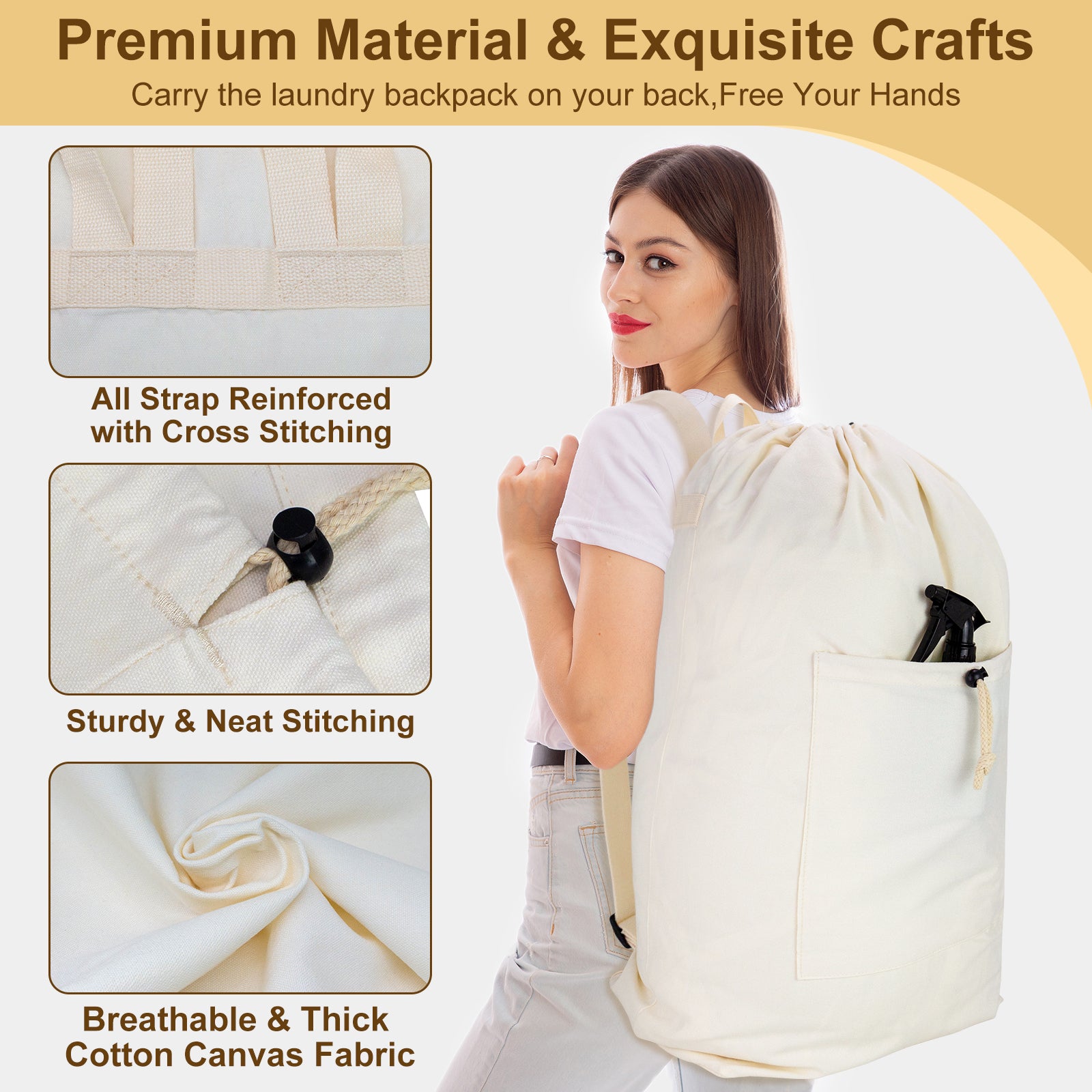 Laundry Bag Backpack, Canvas Laundry Bag with Straps & Large Front Pocket HRS13