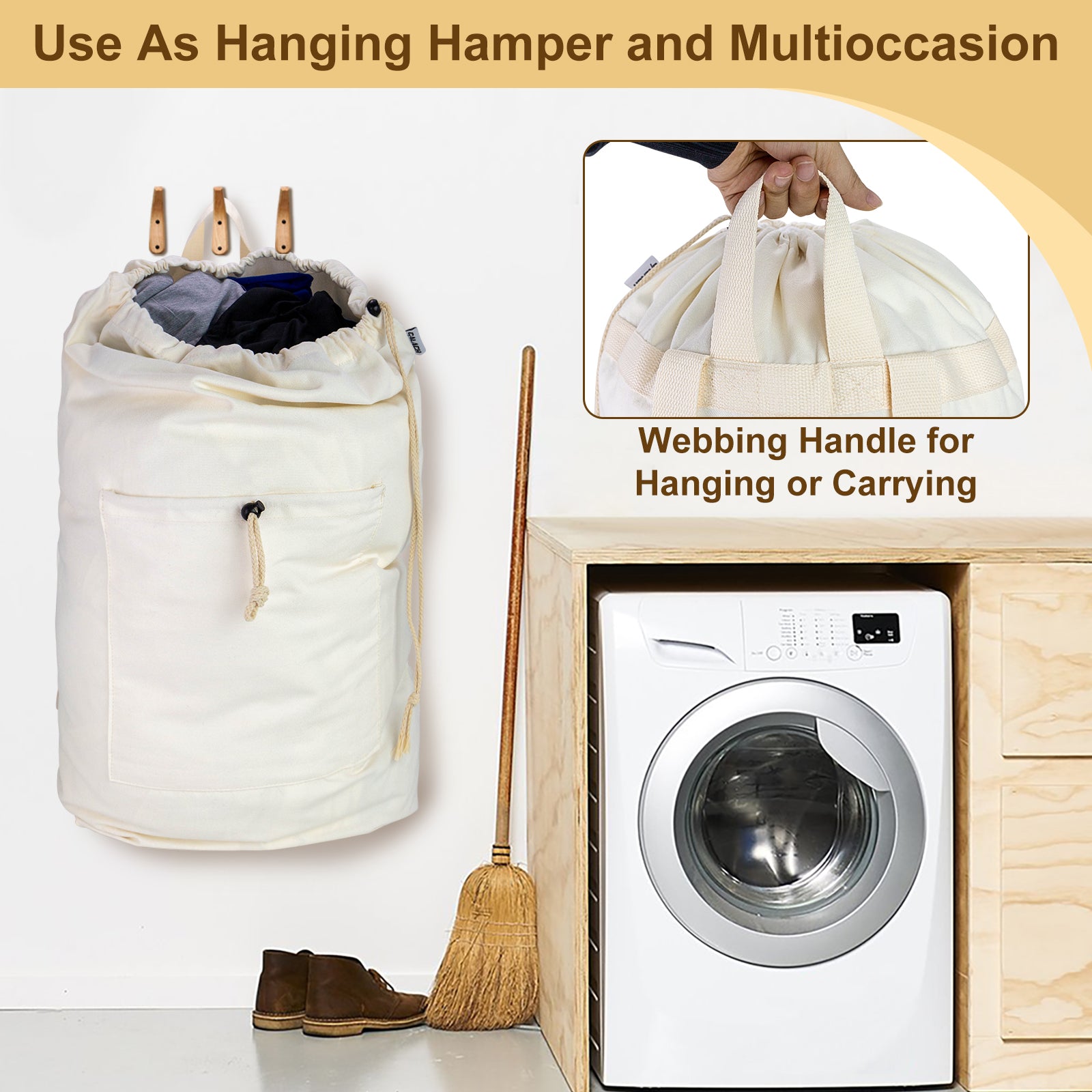 Laundry Bag Backpack, Canvas Laundry Bag with Straps & Large Front Pocket HRS13