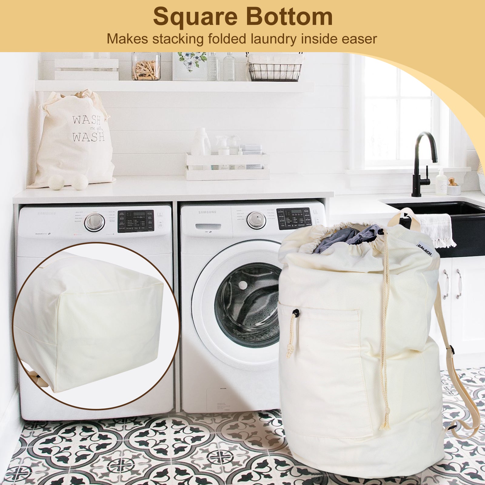 Laundry Bag Backpack, Canvas Laundry Bag with Straps & Large Front Pocket HRS13