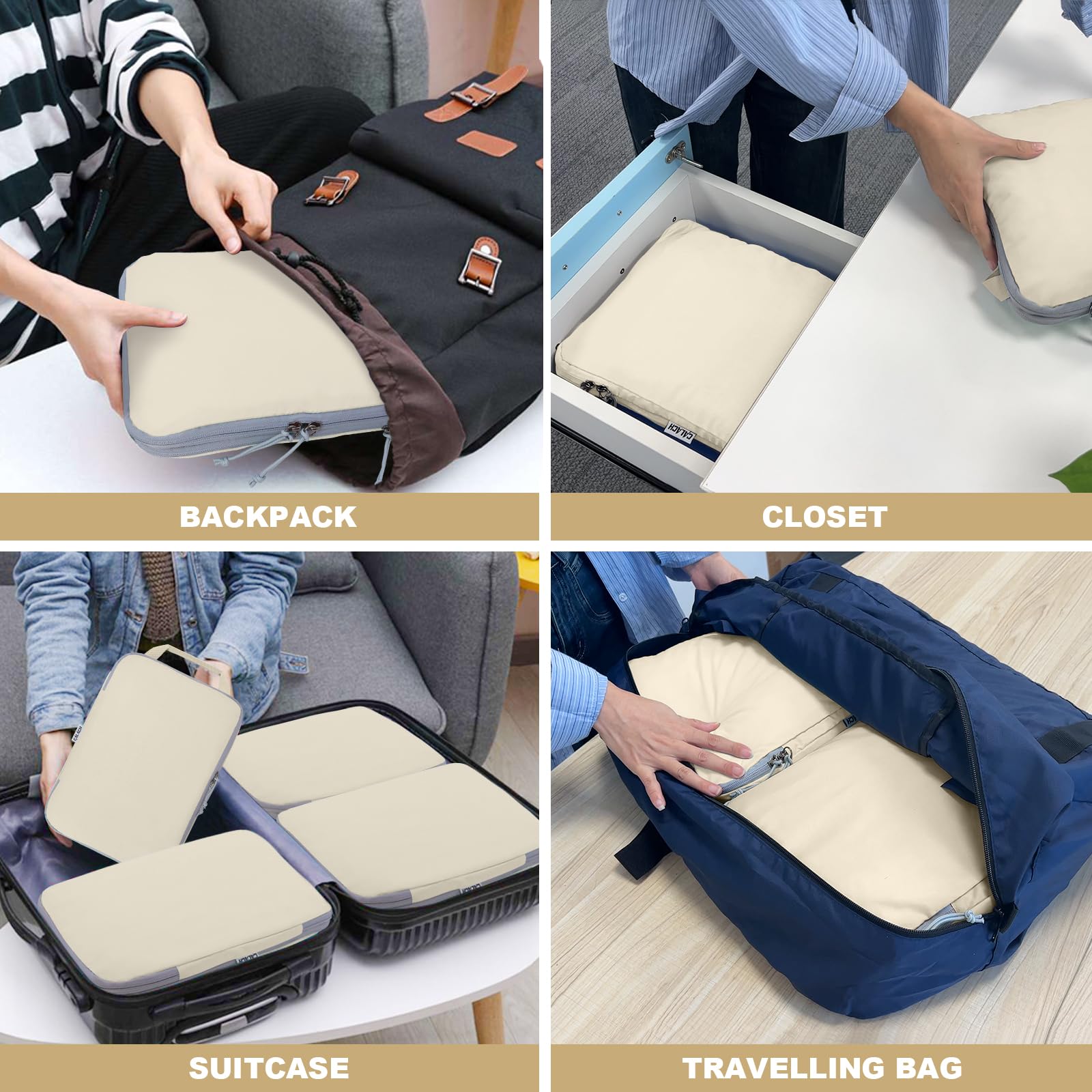 2 Set Compression Bags Travel Cubes for Packing Suitcase Organizer Bags Set Beige HRS06