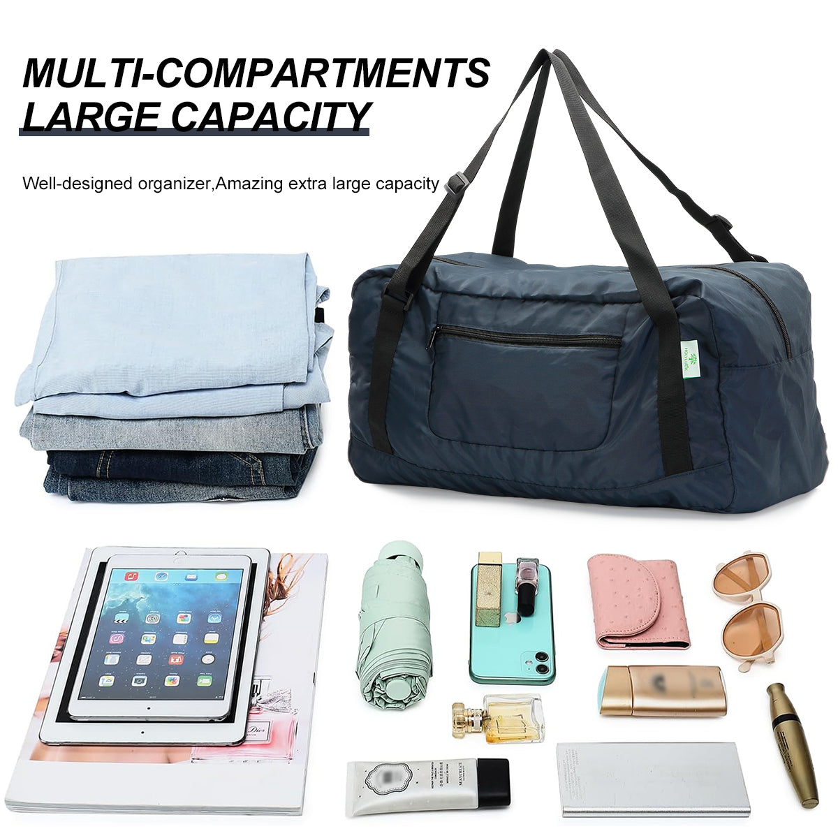 Foldable Travel Duffel Bag For Women & Men Luggage Great for Gym (Navy Blue) HLC008
