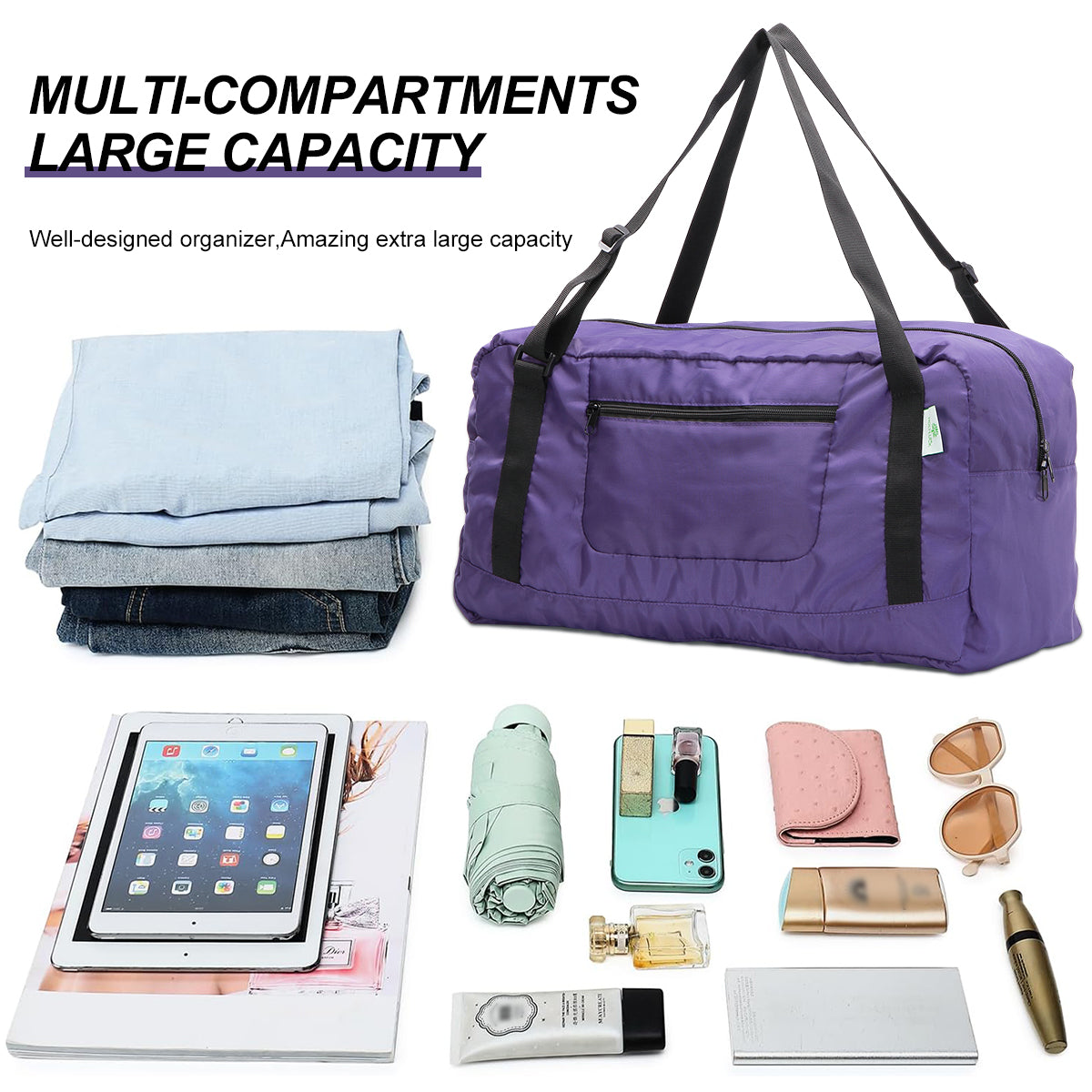 Foldable Travel Duffel Bag For Women & Men Luggage Great for Gym (Purple) HLC008