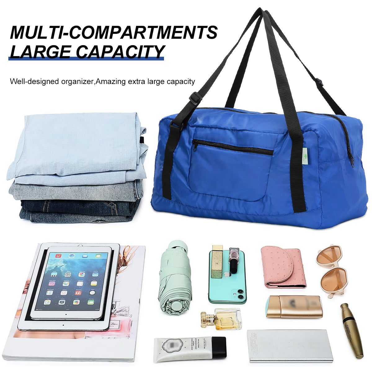 Foldable Travel Duffel Bag For Women & Men Luggage Great for Gym (Blue) HLC008
