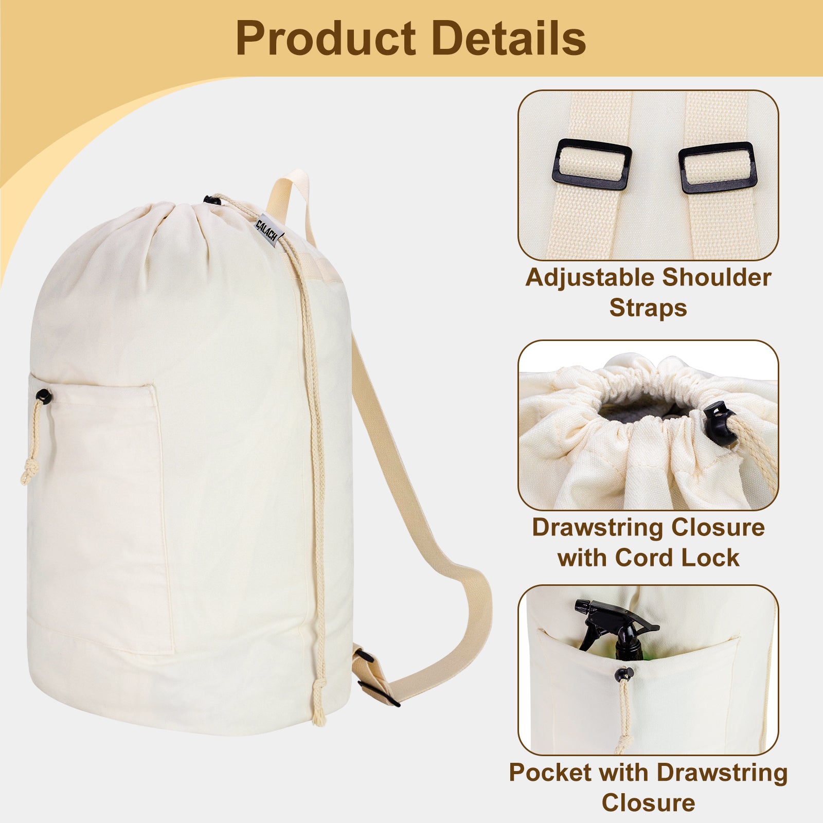 Laundry Bag Backpack, Canvas Laundry Bag with Straps & Large Front Pocket HRS13