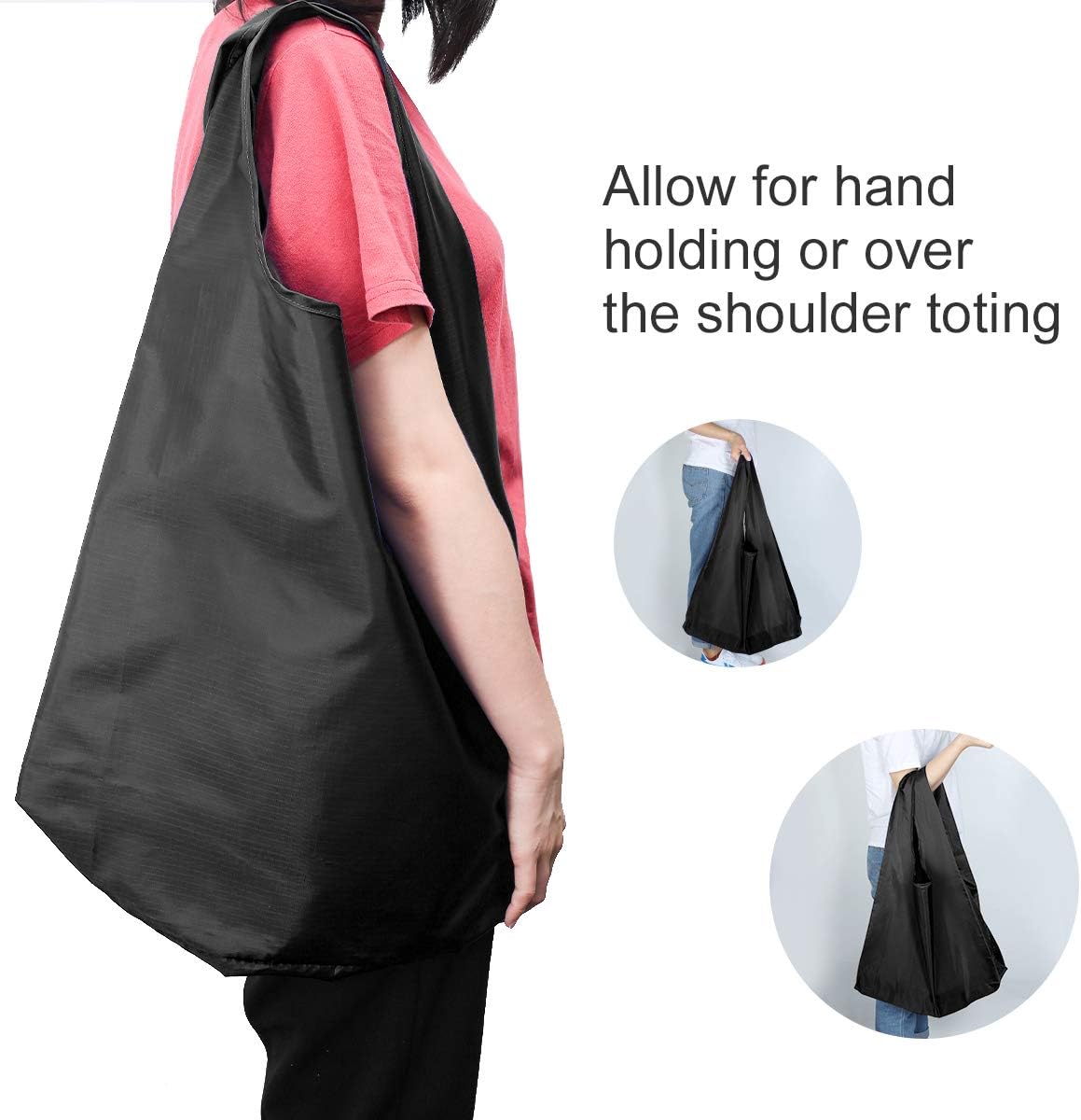 5 Pack Foldable Shoping Bags Tote Bulk Nylon Bags with Handles Black