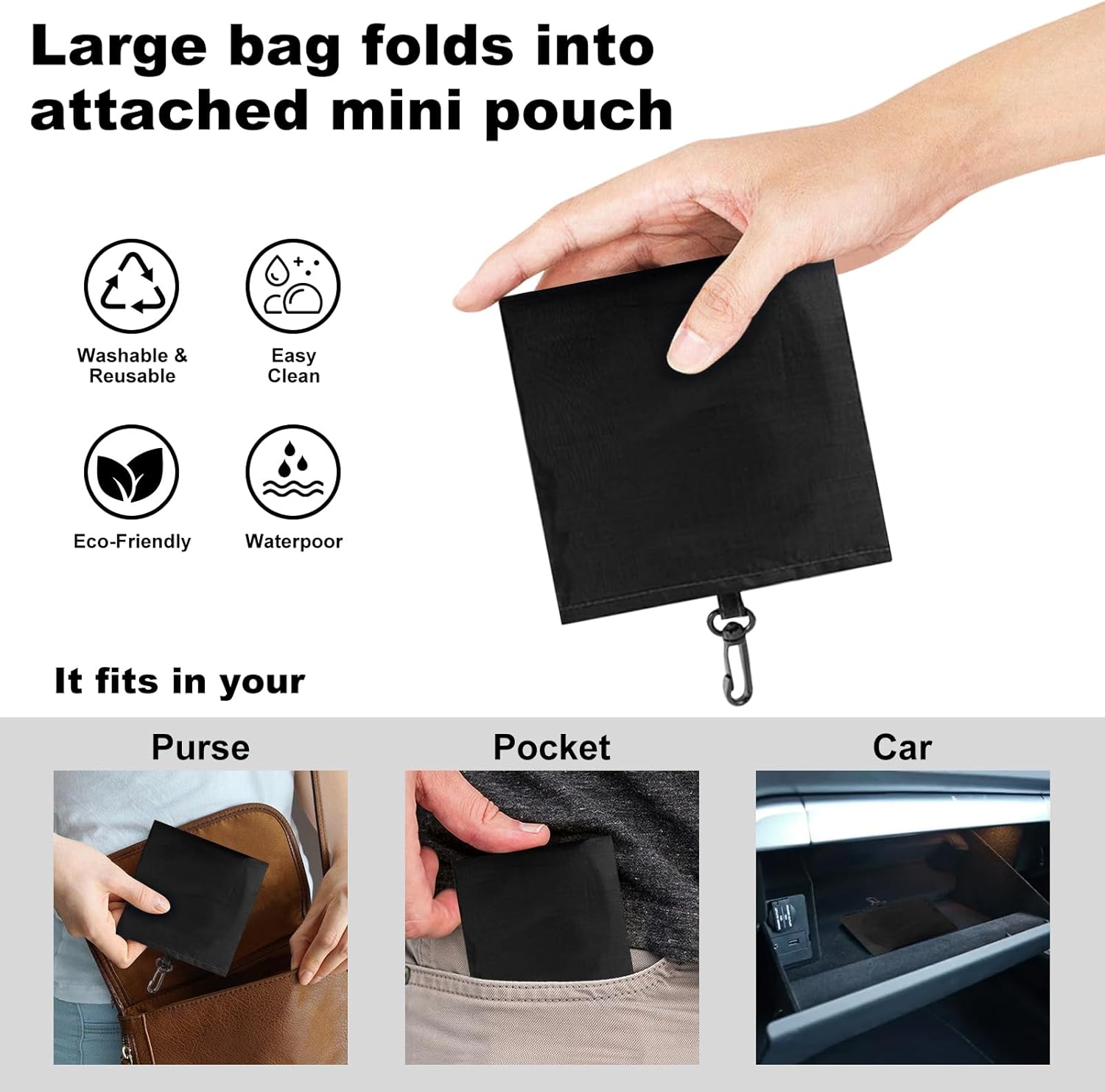 5 Pack Foldable Shoping Bags Tote Bulk Nylon Bags with Handles Black