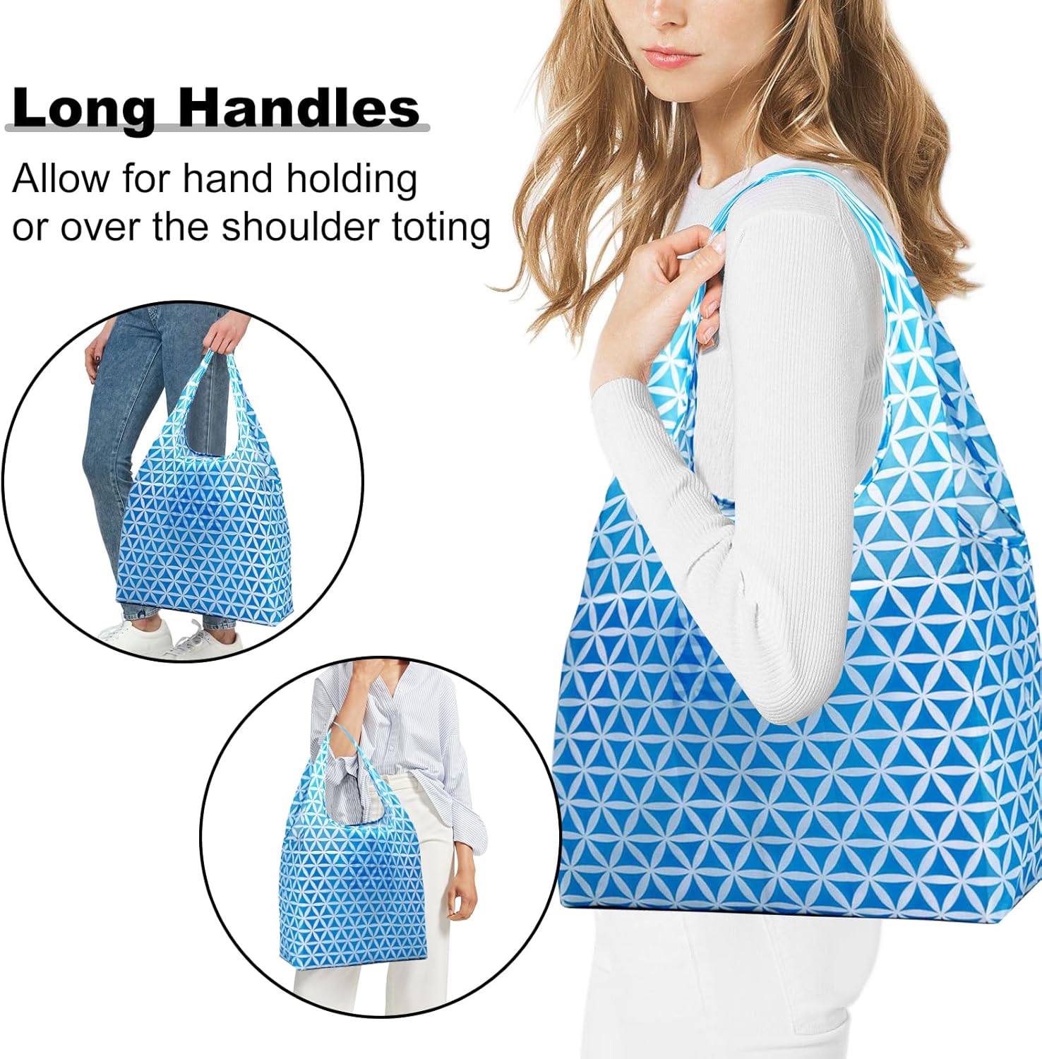 Reusable Grocery Bags Foldable Shoping Bags with Handles, 5 Pack Tote Bags Bulk Nylon Bags, Waterproof & Lightweight
