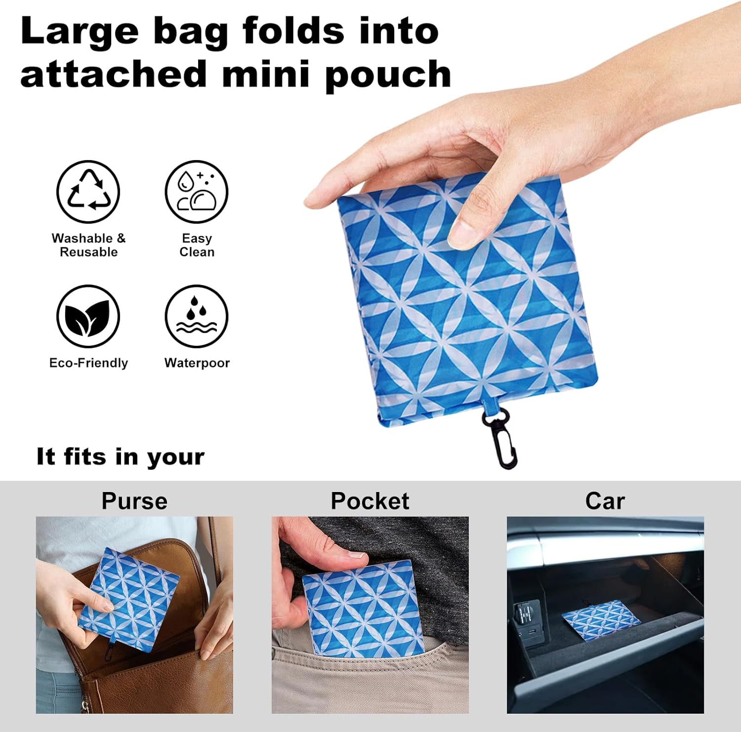 Reusable Grocery Bags Foldable Shoping Bags with Handles, 5 Pack Tote Bags Bulk Nylon Bags, Waterproof & Lightweight