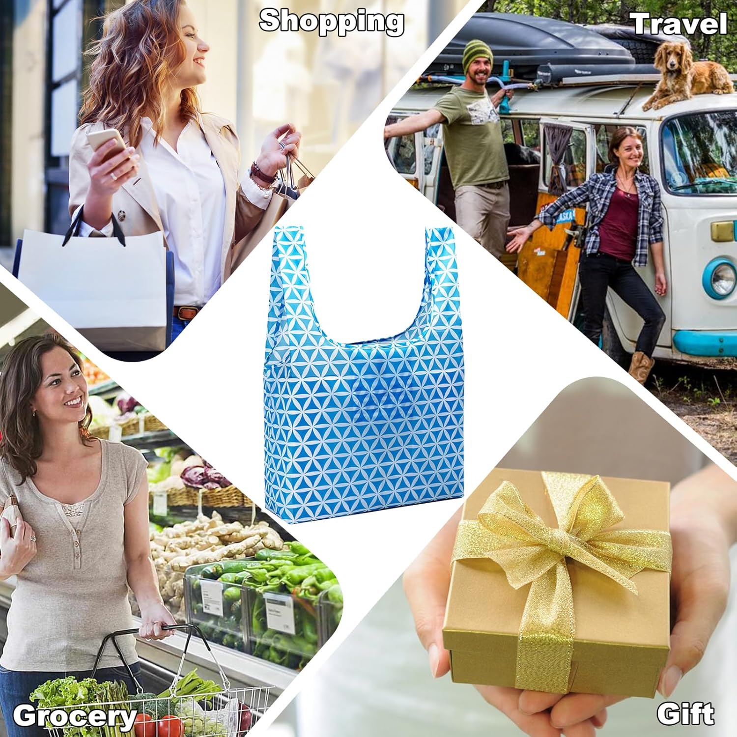 Reusable Grocery Bags Foldable Shoping Bags with Handles, 5 Pack Tote Bags Bulk Nylon Bags, Waterproof & Lightweight
