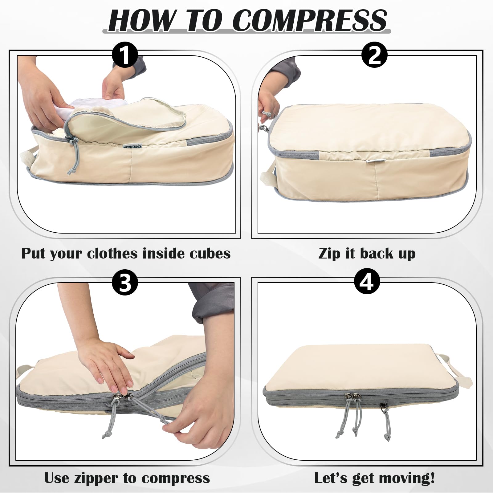 2 Set Compression Bags Travel Cubes for Packing Suitcase Organizer Bags Set Beige HRS06