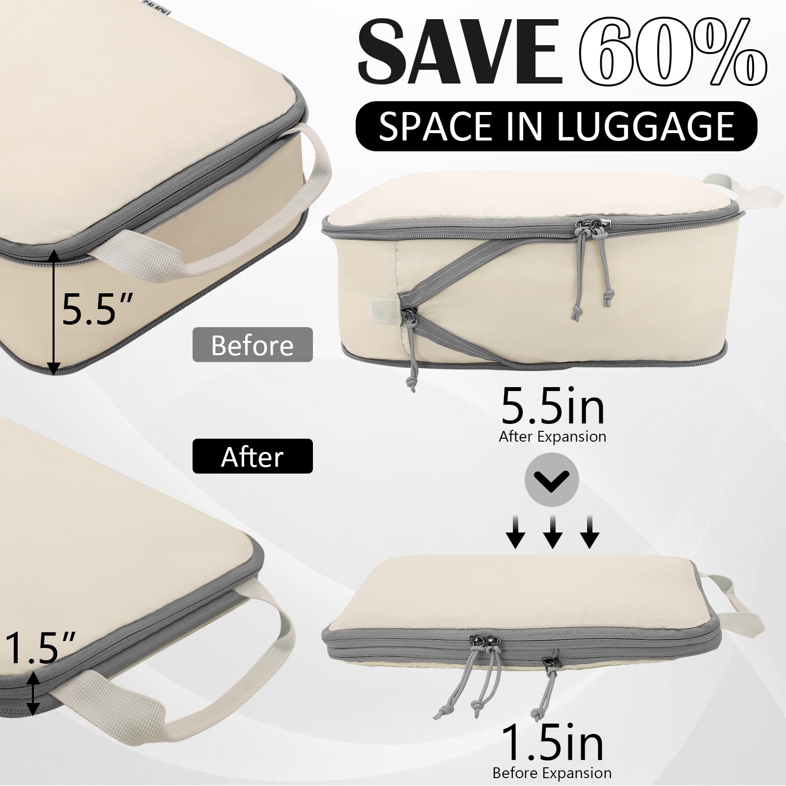 2 Set Compression Bags Travel Cubes for Packing Suitcase Organizer Bags Set Beige HRS06