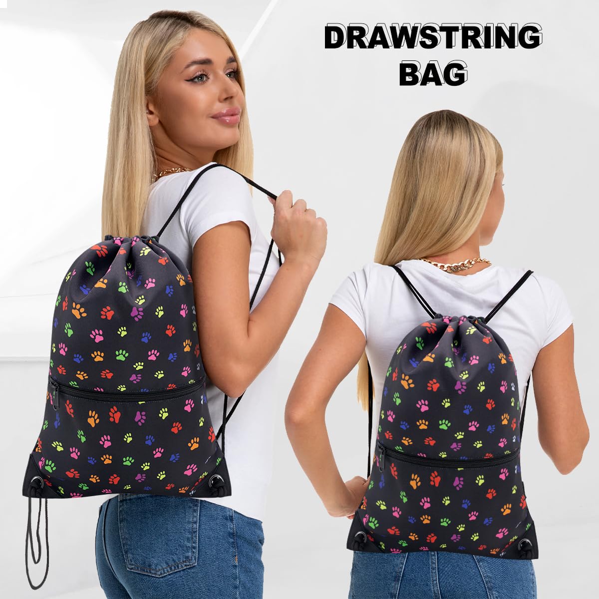 Drawstring Backpack Bag Sport Gym Sackpack Black Dog Paw Prin HLC001