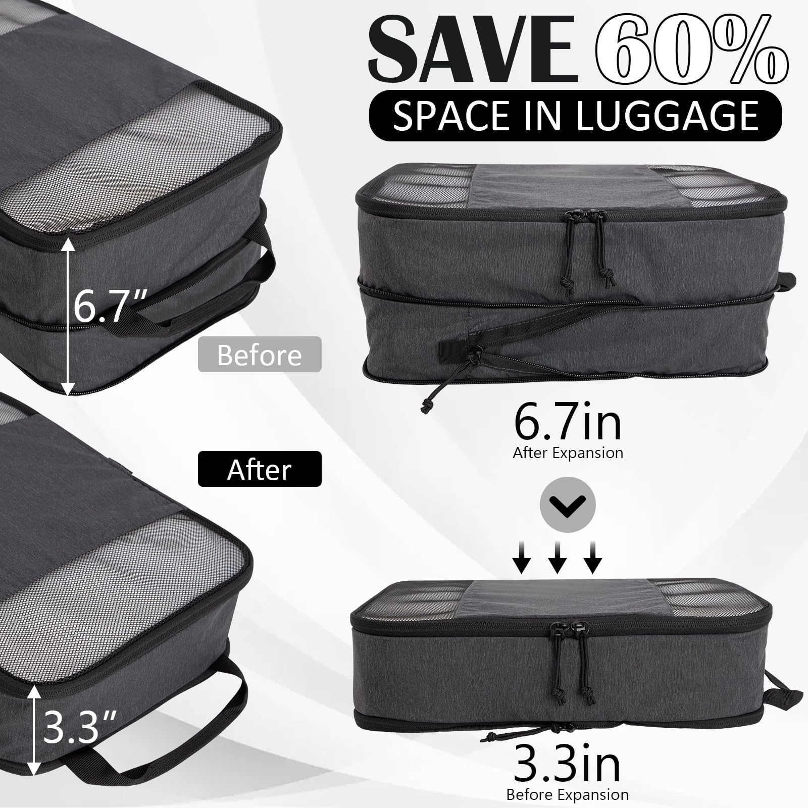 2 Set Expandable Compression Bags for Travel Packing Cubes for Suitcase Luggage Black Mesh HRS14