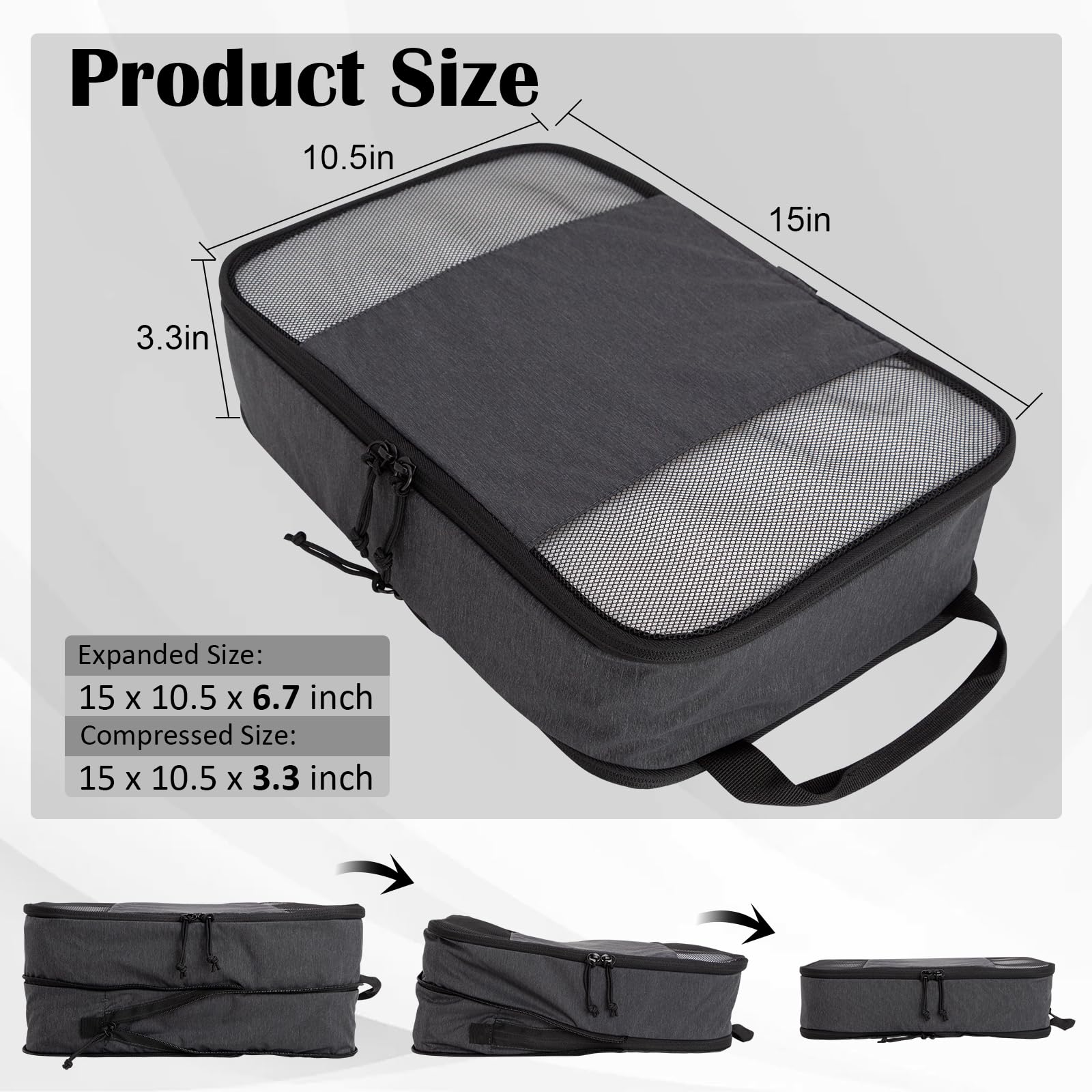 2 Set Expandable Compression Bags for Travel Packing Cubes for Suitcase Luggage Black Mesh HRS14