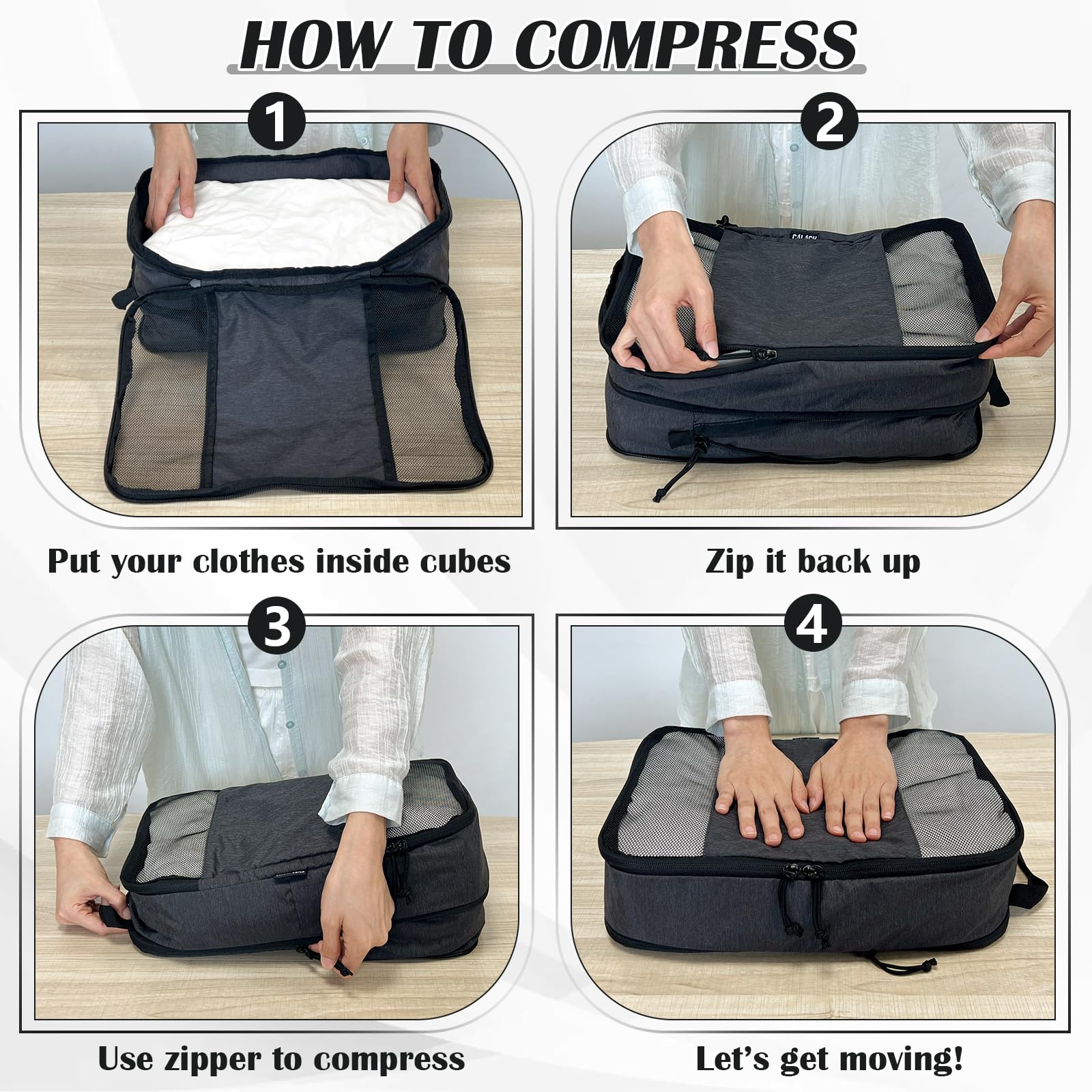 2 Set Expandable Compression Bags for Travel Packing Cubes for Suitcase Luggage Black Mesh HRS14