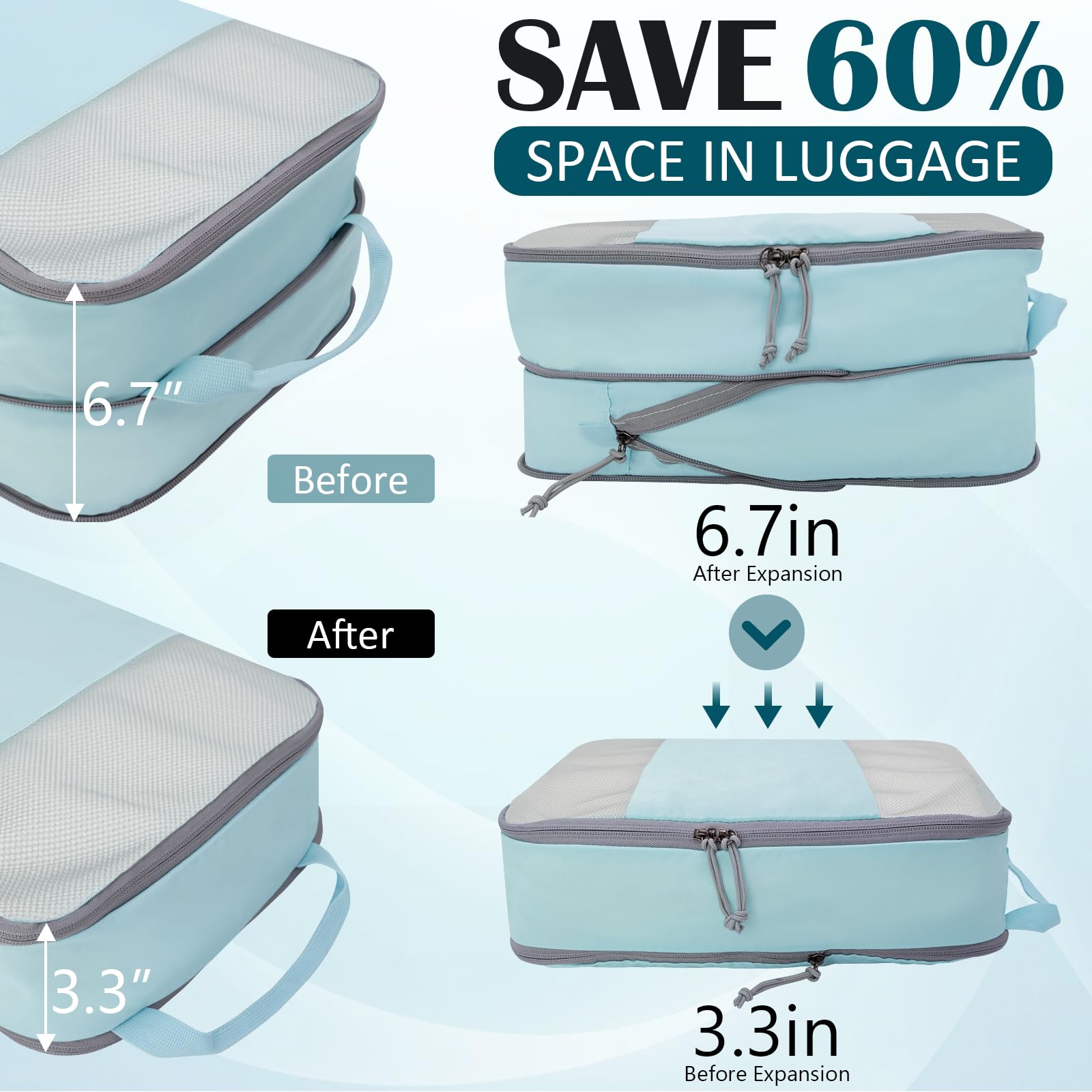 2 Set Expandable Compression Bags for Travel Packing Cubes for Suitcase Luggage Blue Mesh HRS14