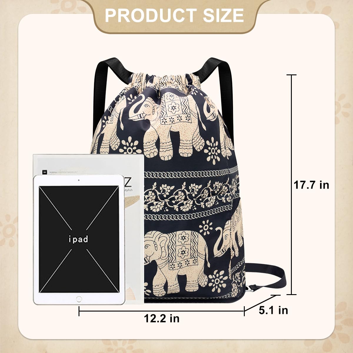 Drawstring Backpack Sports Gym Bag With Multi Pockets Elephant HLC049