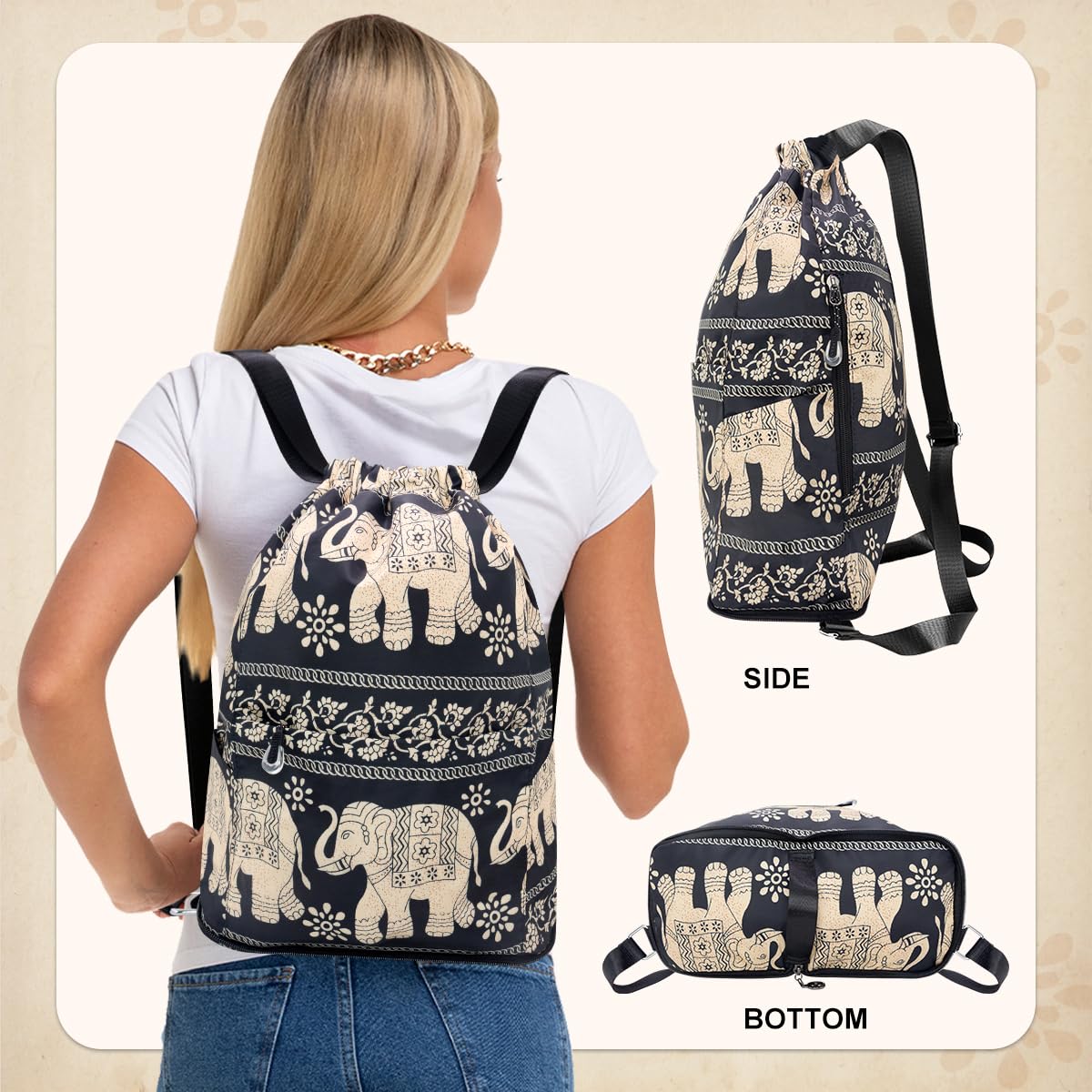 Drawstring Backpack Sports Gym Bag With Multi Pockets Elephant HLC049