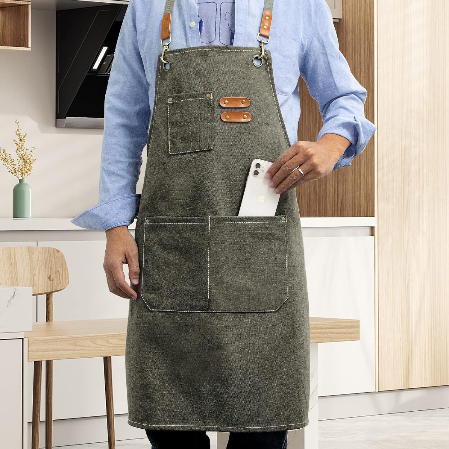 Kitchen Chef Apron 6 Pockets Gray green HLC062