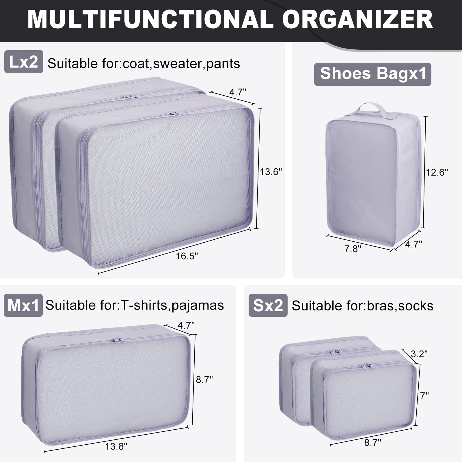 6 Set Travel Packing cubes luggage Organizer Waterproof Shoe Bag Grey HLC019
