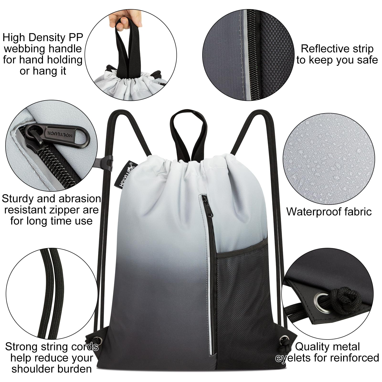 Outdoor Sport Gym Sack Waterproof Drawstring Backpack Bag Black Gradient HLC005