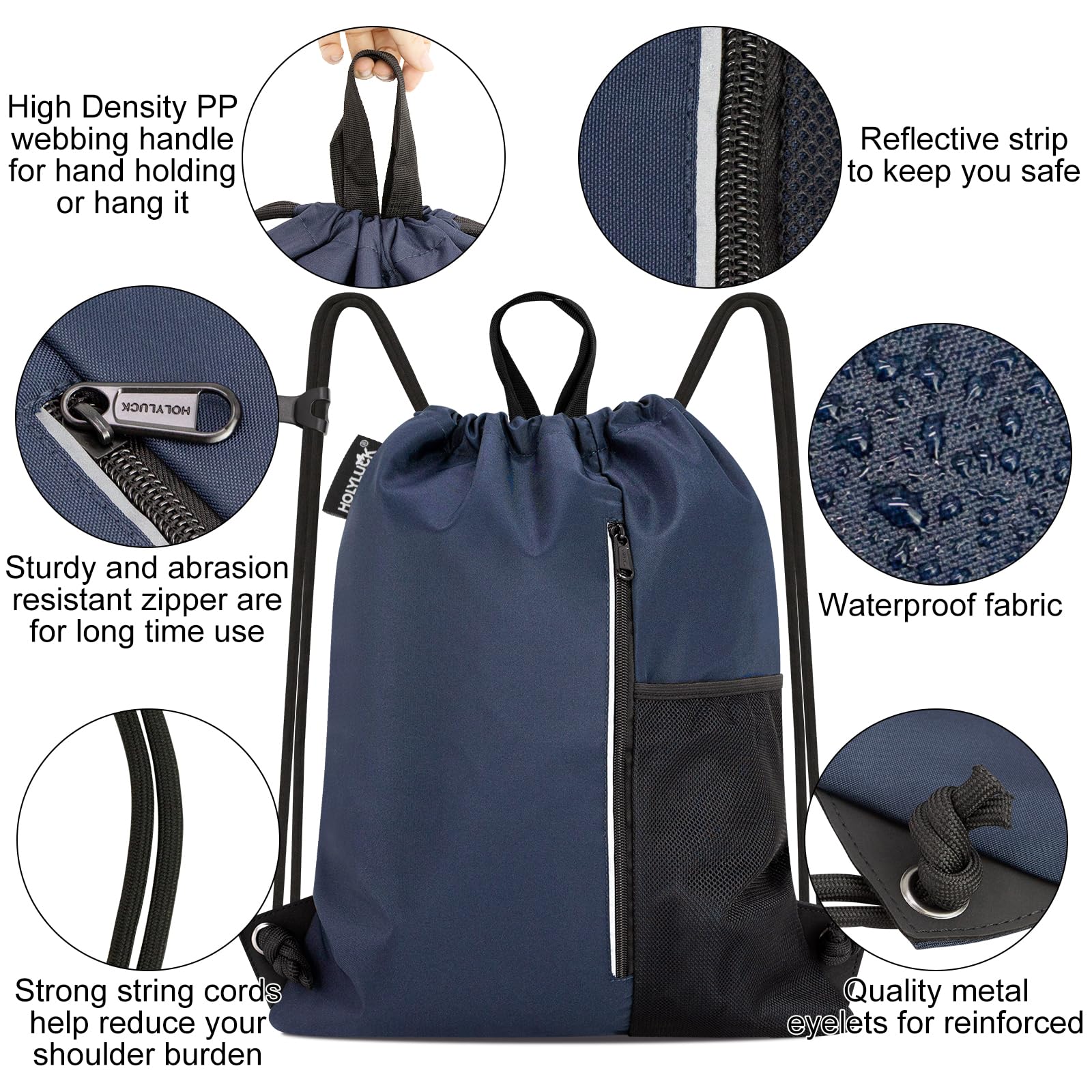 Outdoor Sport Gym Sack Waterproof Drawstring Backpack Bag Navy Blue HLC005