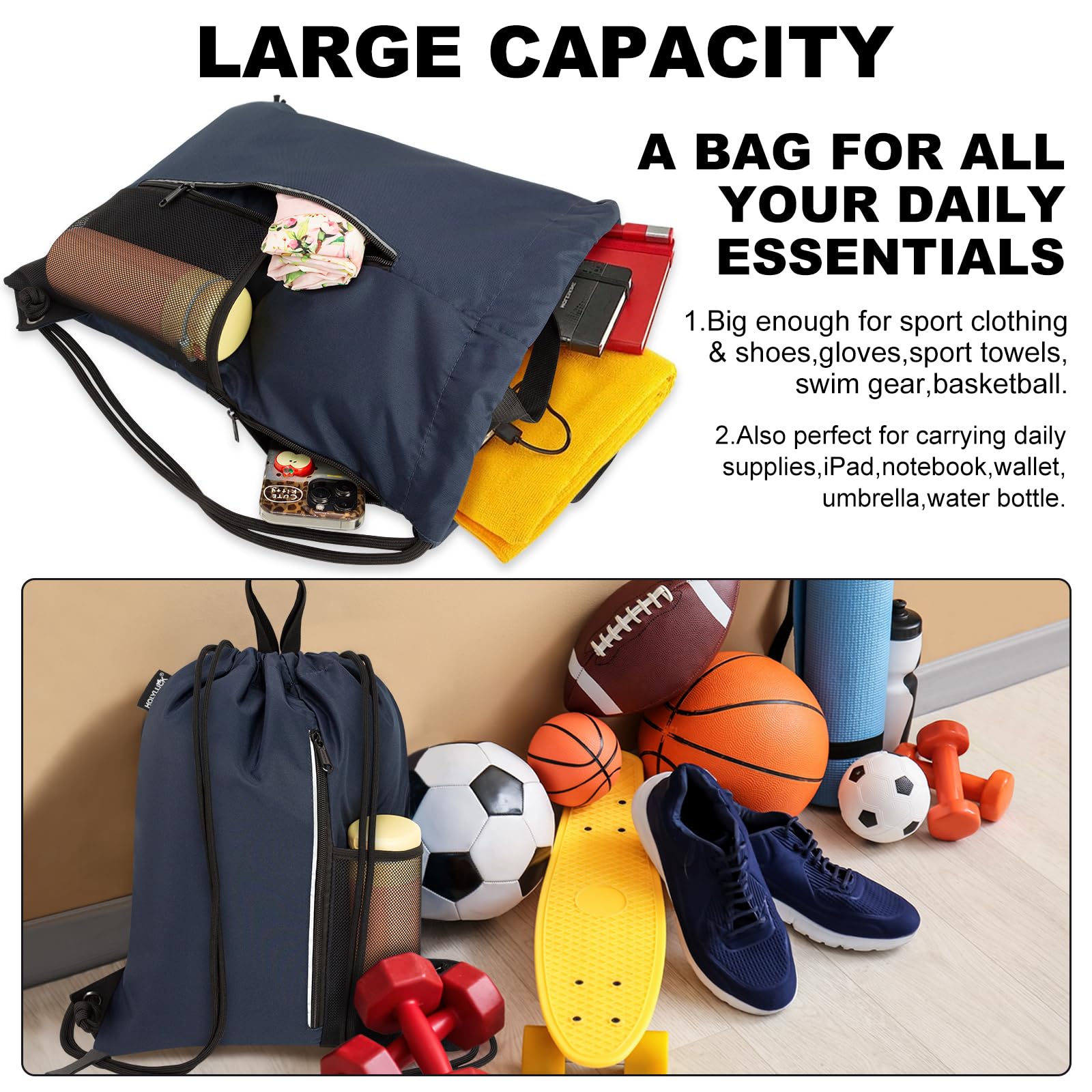 Outdoor Sport Gym Sack Waterproof Drawstring Backpack Bag Navy Blue HLC005