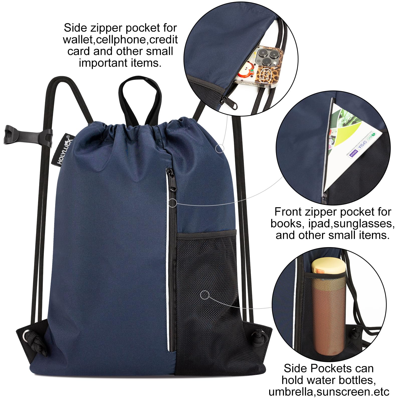 Outdoor Sport Gym Sack Waterproof Drawstring Backpack Bag Navy Blue HLC005