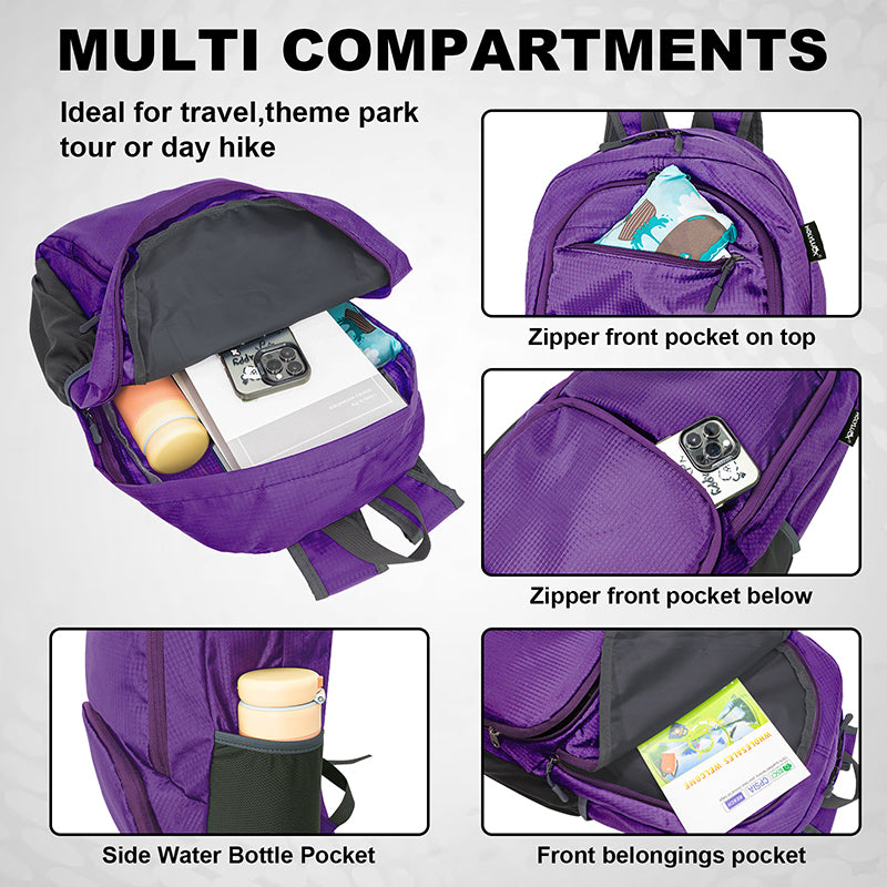 HOLYLUCK 20L lightweight packable Hiking Daypack Foldable Backpack HLC410 Purple