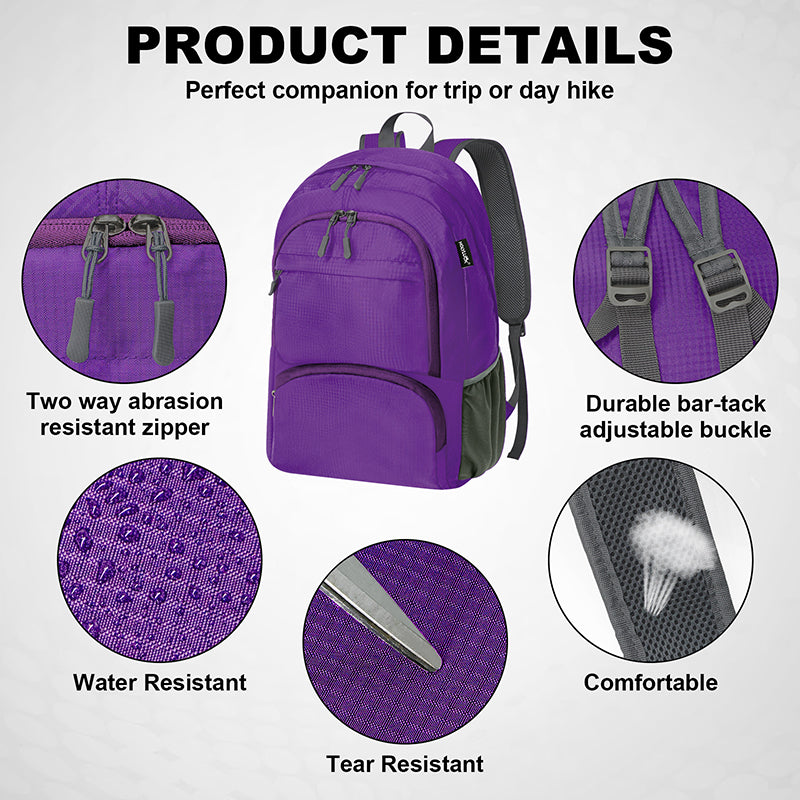 HOLYLUCK 20L lightweight packable Hiking Daypack Foldable Backpack HLC410 Purple