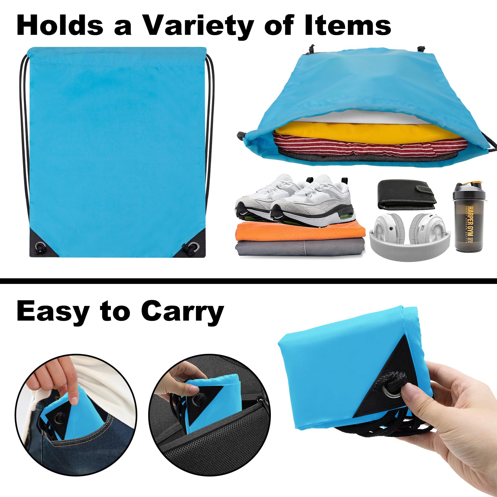 2PCS Drawstring Bags Bulk, String Backpack Bright Light Blue HRS10