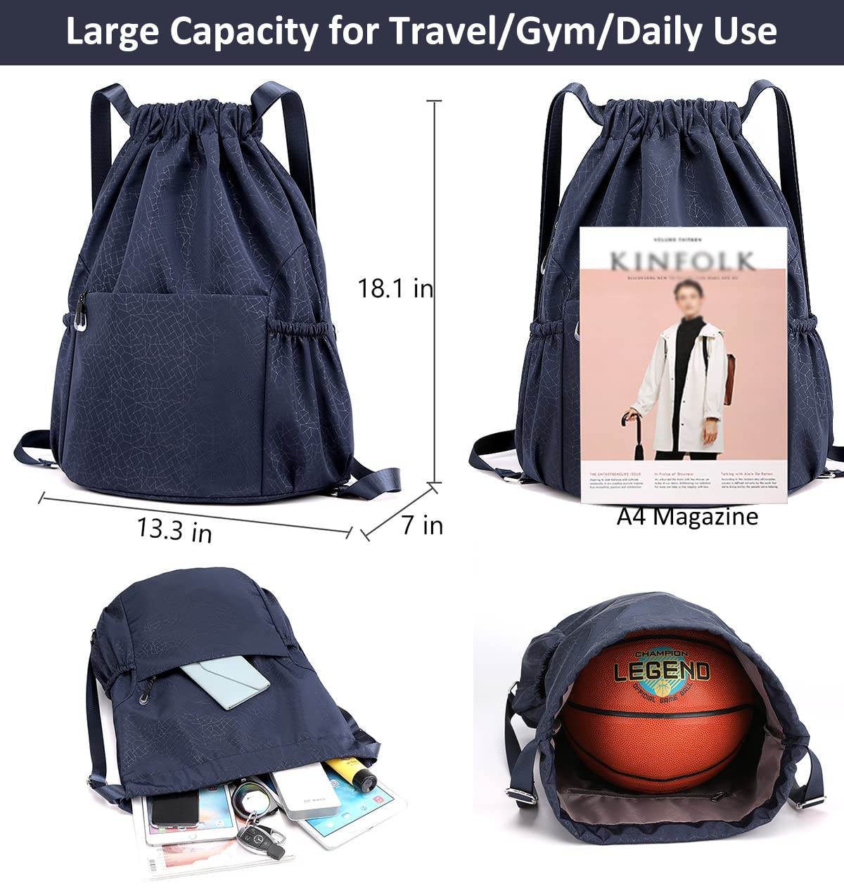 Drawstring Backpack Sports Gym Bag With Multi Pockets Navy HLC049