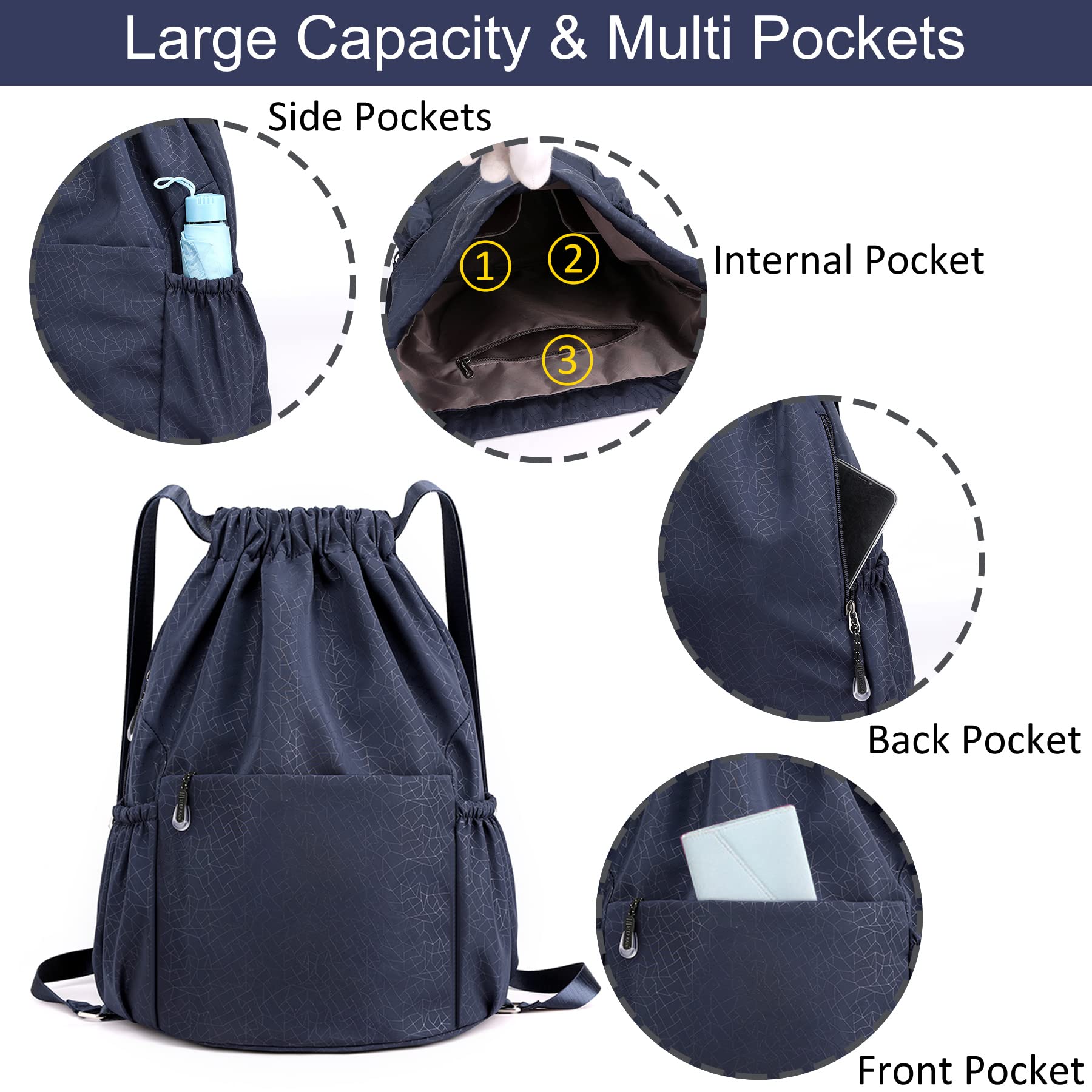 Drawstring Backpack Sports Gym Bag With Multi Pockets Navy HLC049