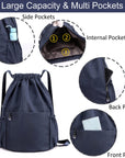 Drawstring Backpack Sports Gym Bag With Multi Pockets Navy HLC049