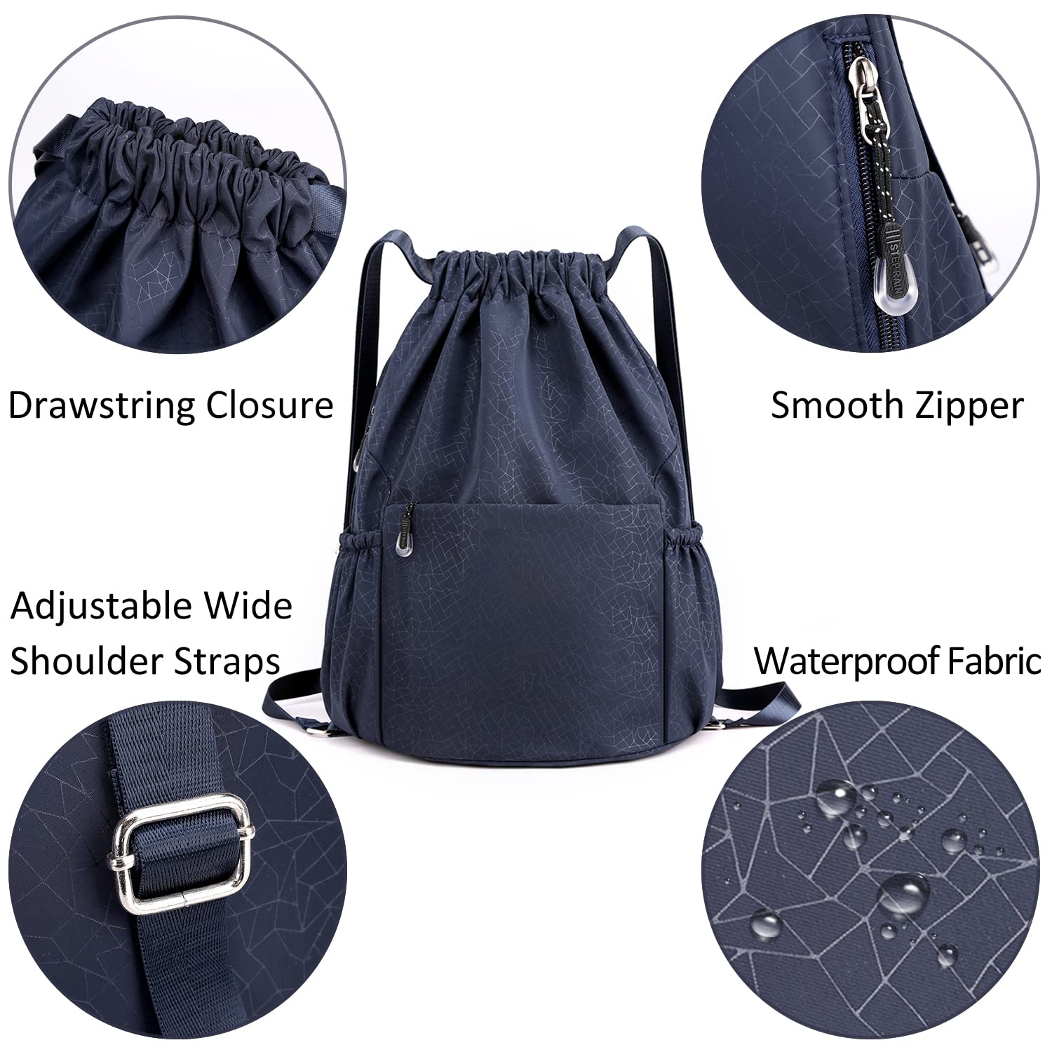 Drawstring Backpack Sports Gym Bag With Multi Pockets Navy HLC049
