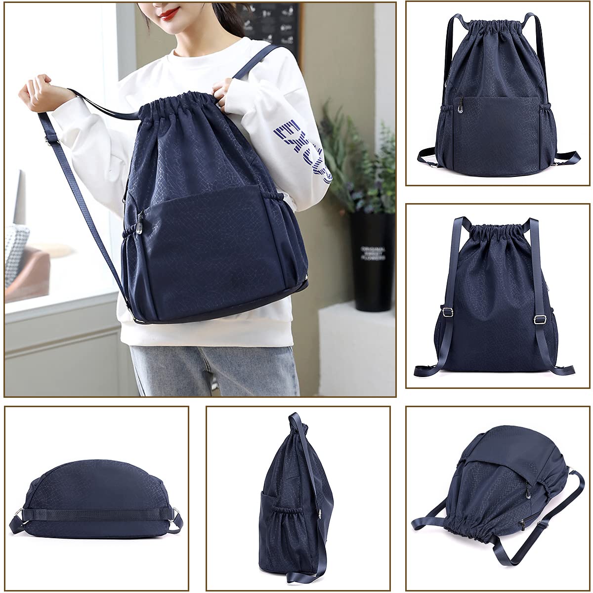 Drawstring Backpack Sports Gym Bag With Multi Pockets Navy HLC049