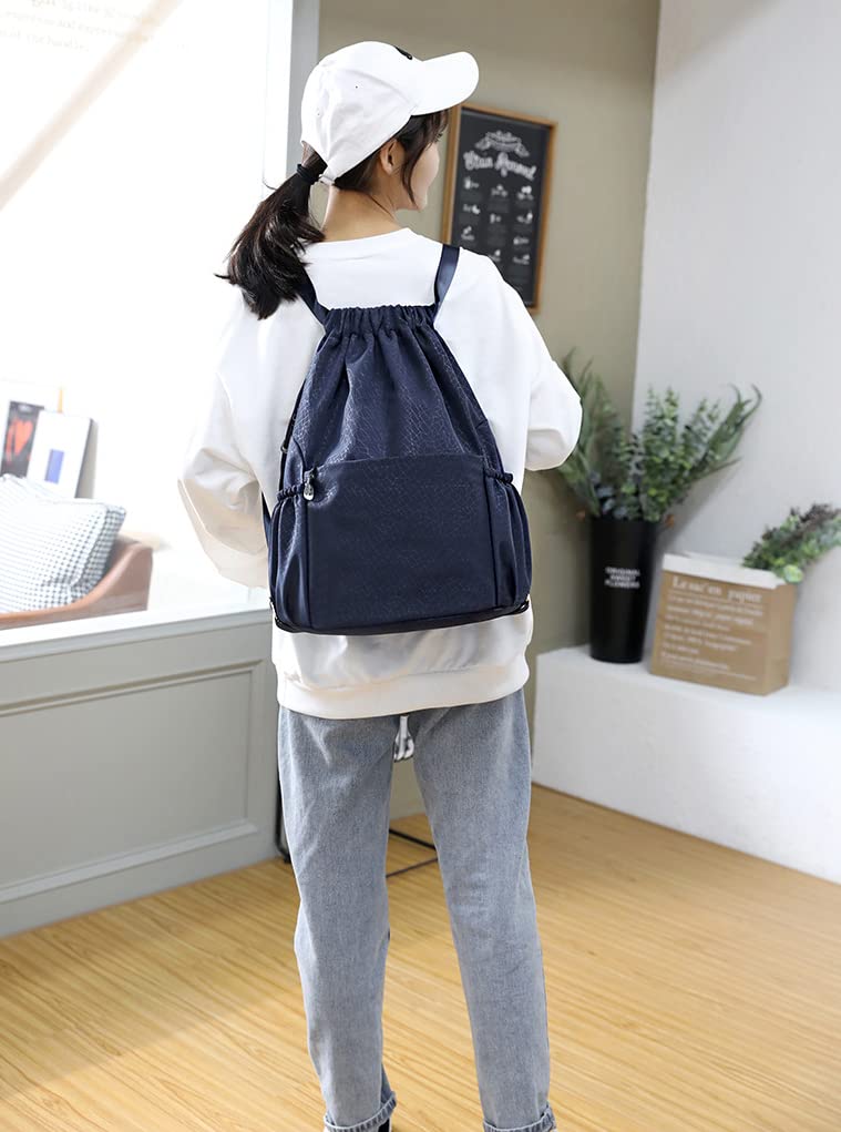 Drawstring Backpack Sports Gym Bag With Multi Pockets Navy HLC049
