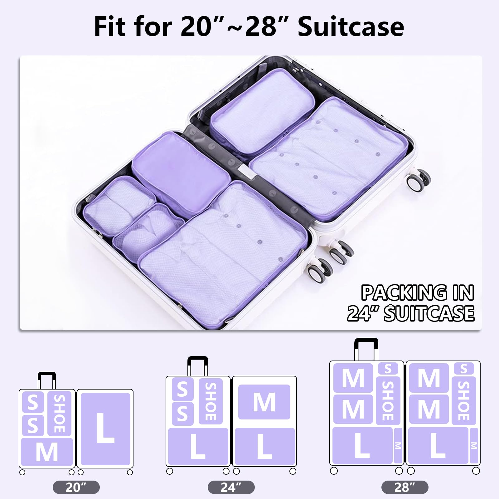 6 Set Travel Packing cubes luggage Organizer Waterproof Shoe Bag Purple HLC019