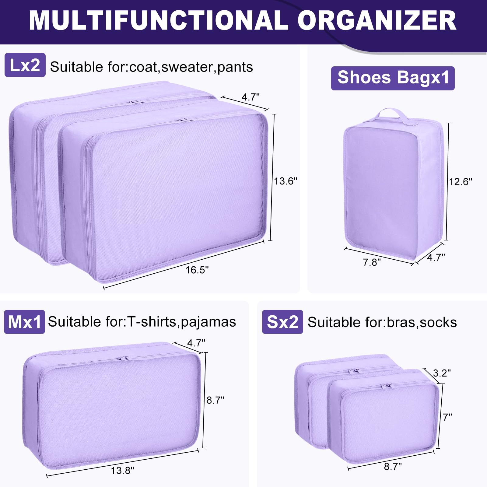 6 Set Travel Packing cubes luggage Organizer Waterproof Shoe Bag Purple HLC019