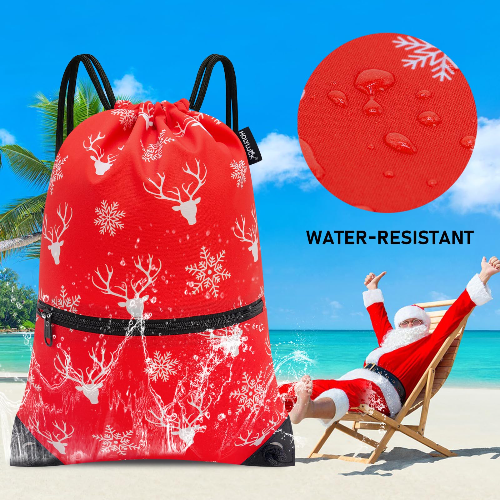 Holyluck Drawstring Backpack Bag Sport Gym Sackpack Red Christmas Elk HLC001