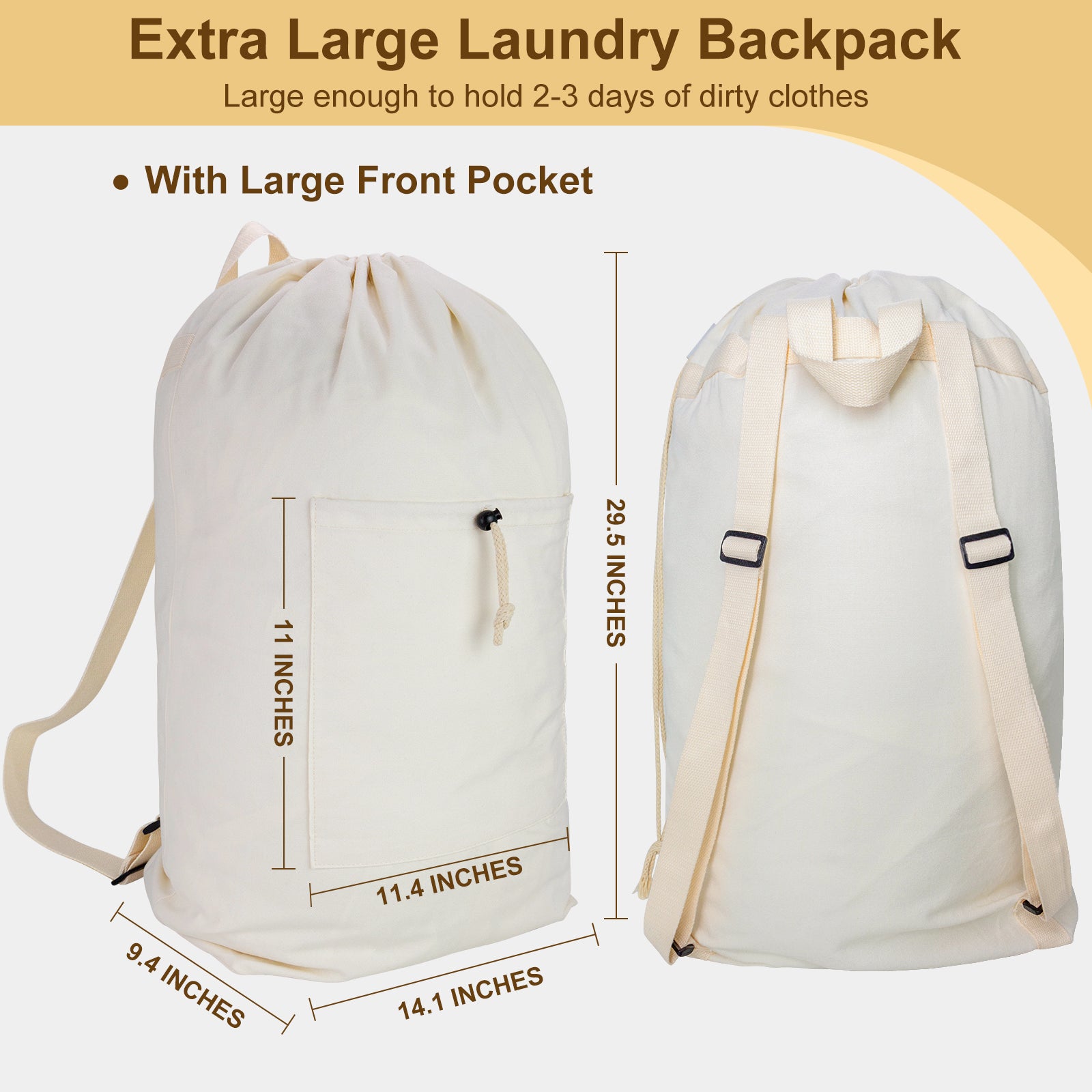 Laundry Bag Backpack, Canvas Laundry Bag with Straps & Large Front Pocket HRS13