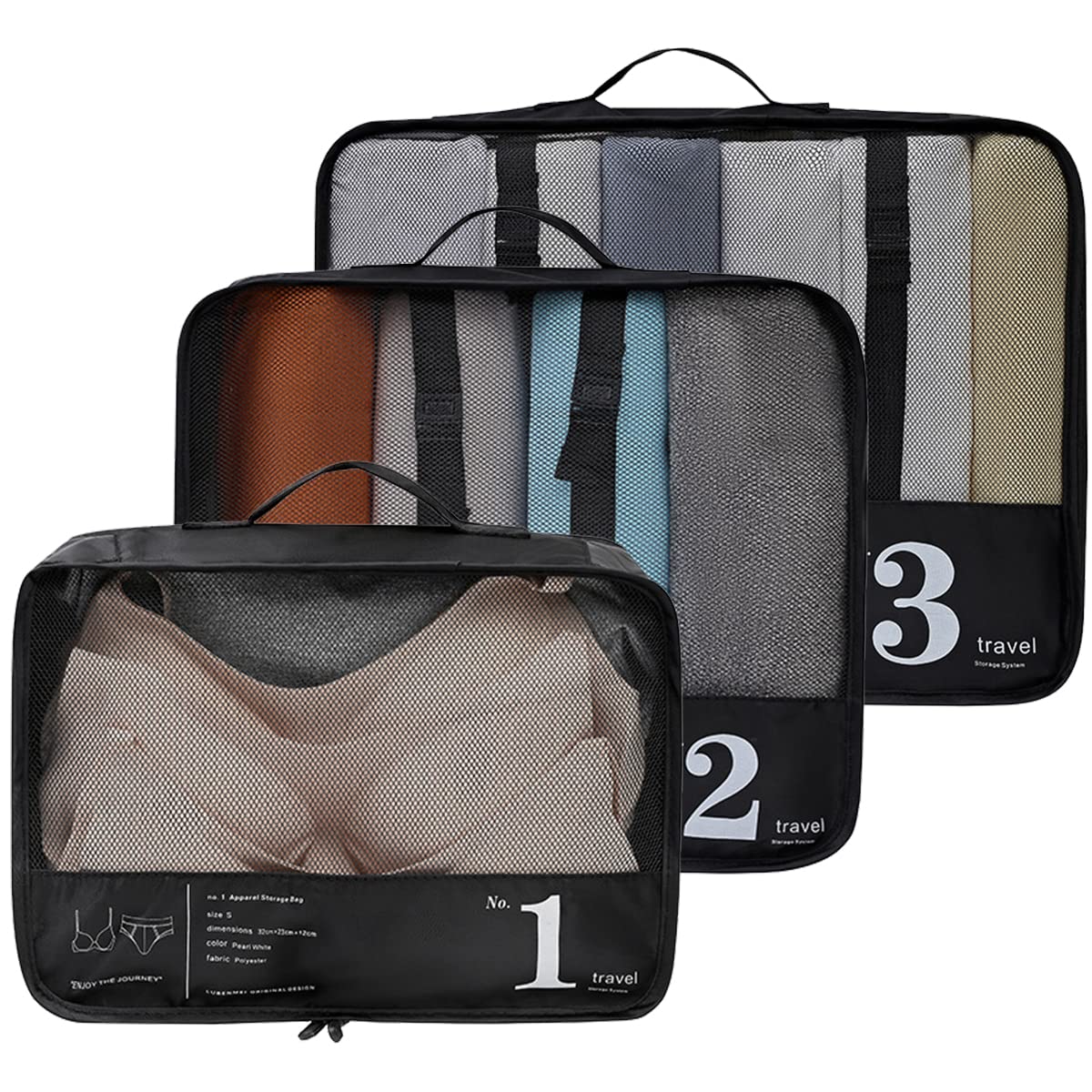 3 Set Packing Waterproof cubes for Travel luggage Organizer Luggage Cubes Black HLC085