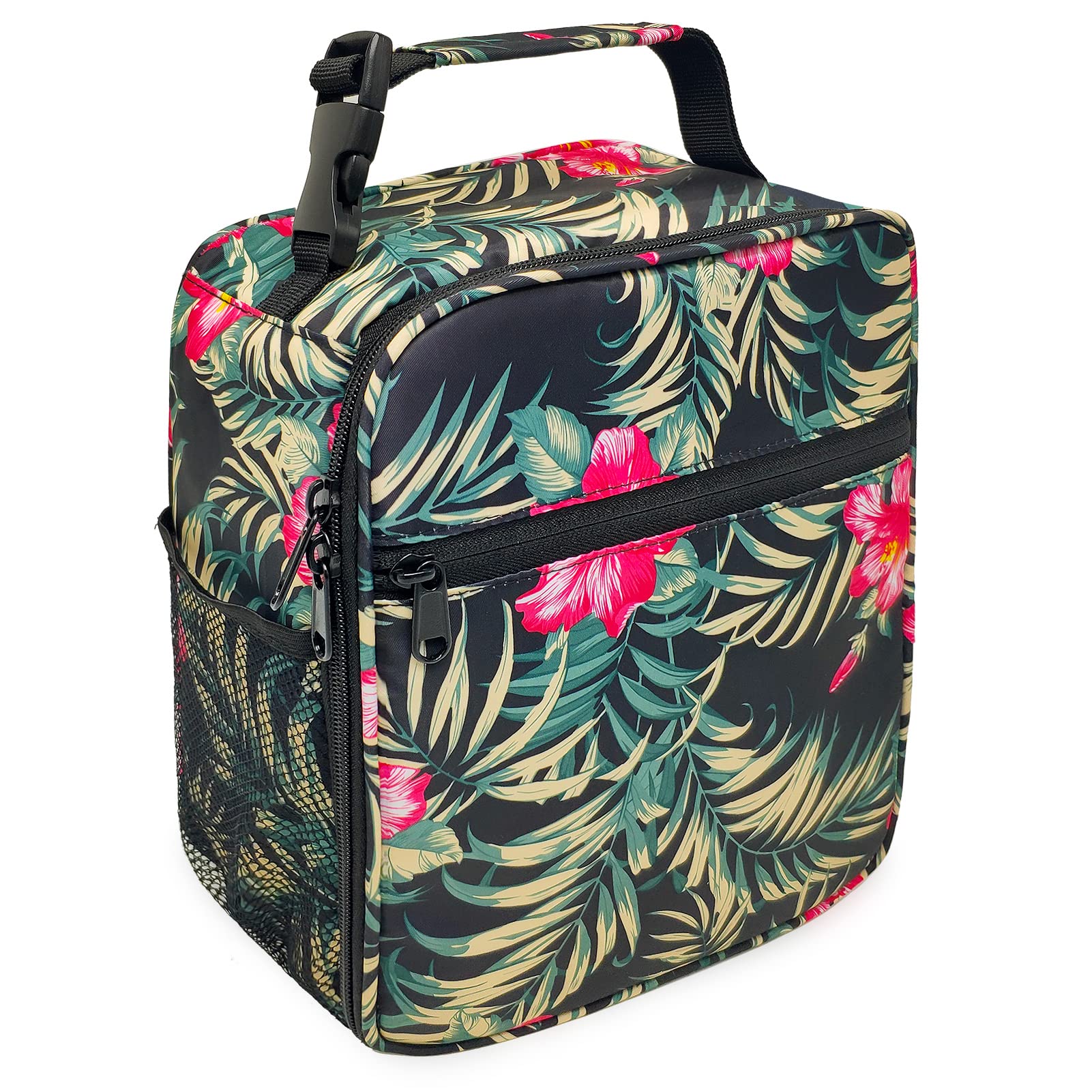 Reusable Insulated Cooler Lunch Bag Leakproof Meal Lunch Box with Multi-PocketsBlack Tropical Flower HLC025