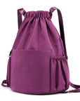 Drawstring Backpack Sports Gym Bag With Multi Pockets Purple HLC049
