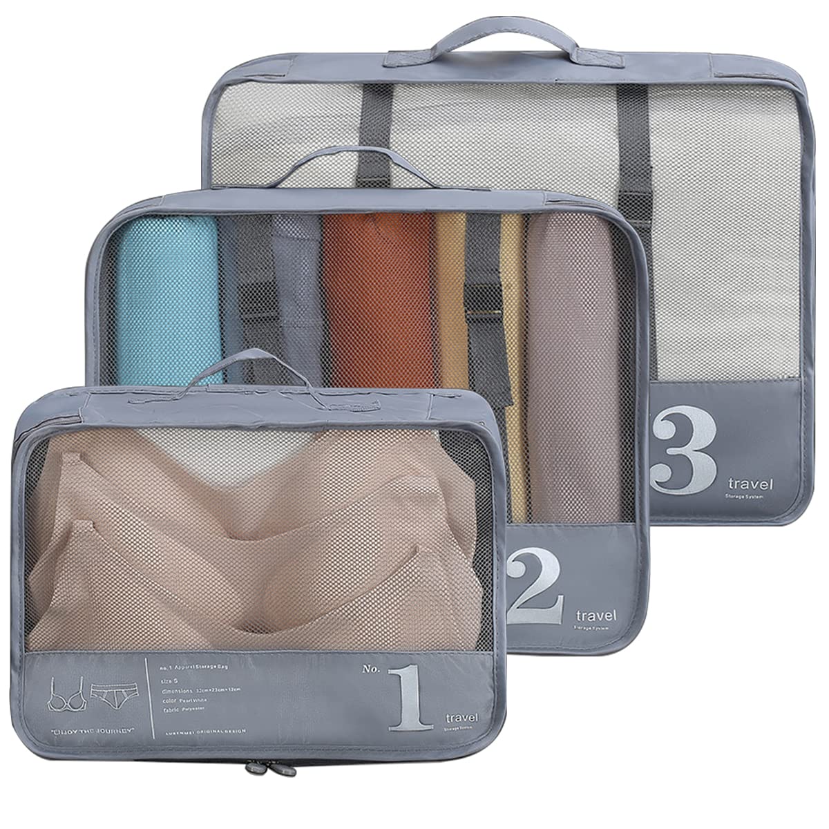 3 Set Packing Waterproof cubes for Travel luggage Organizer Luggage Cubes Grey HLC085