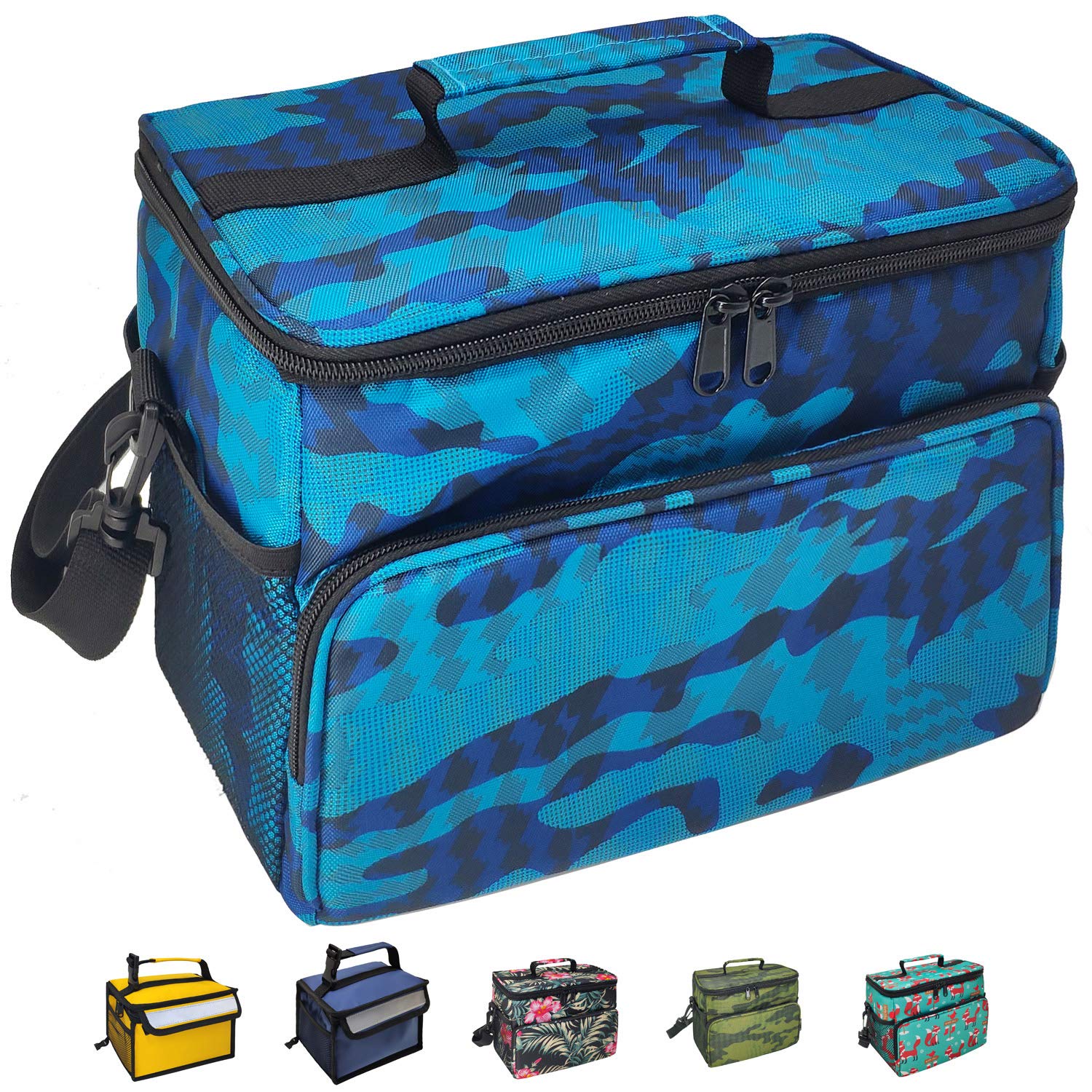 Reusable Insulated Cooler Lunch Bag Leakproof Meal Lunch Box with Multi-Pockets Blue Camo L HLC027
