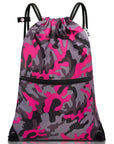 Drawstring Backpack Sports Gym Bag With Multi Pockets Greypink Camo HLC004
