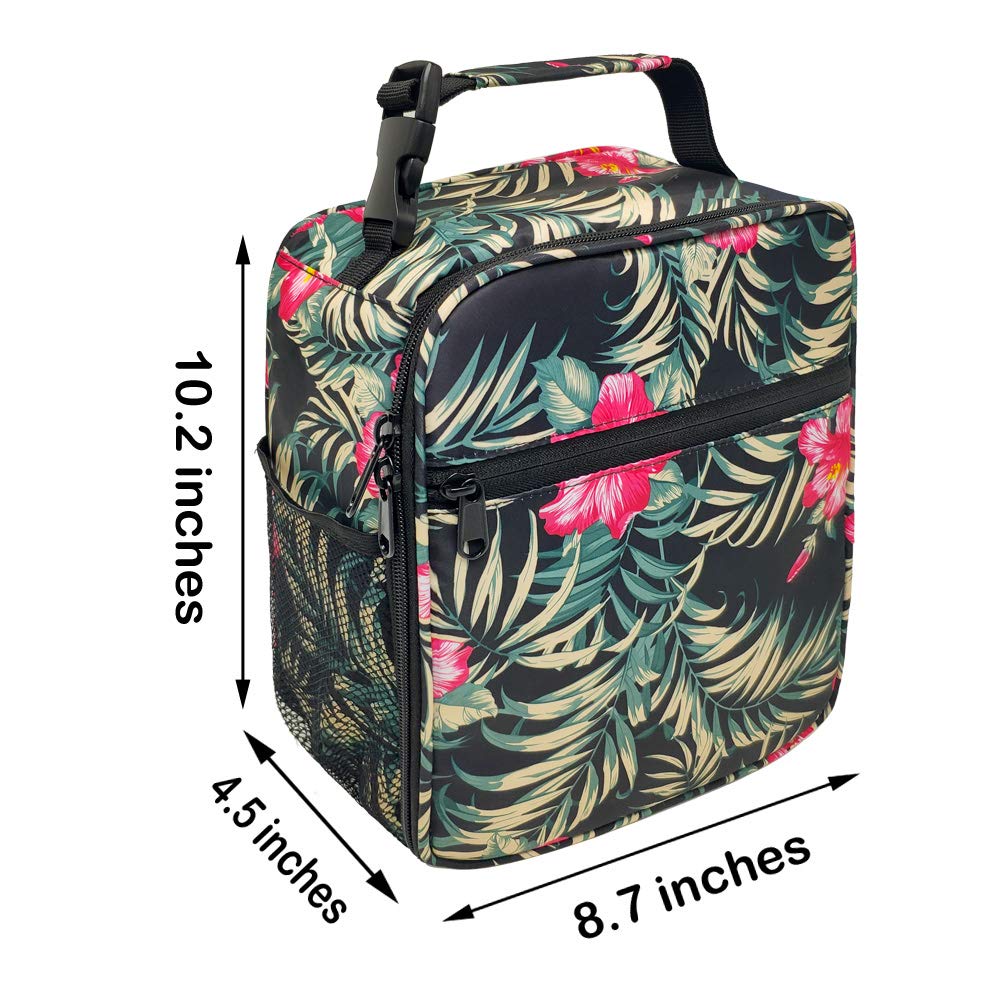 Reusable Insulated Cooler Lunch Bag Leakproof Meal Lunch Box with Multi-PocketsBlack Tropical Flower HLC025